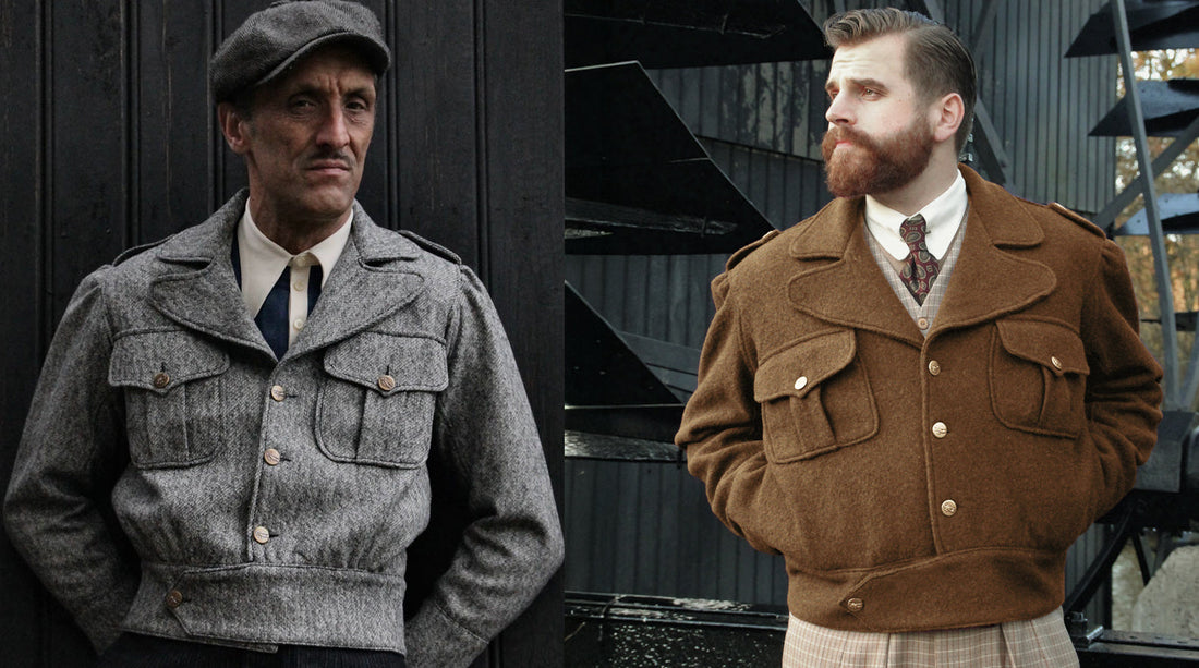 Two men wearing cropped, vintage-inspired Ike-style jackets. One jacket is grey wool and the other brown wool, both featuring chest pockets, a defined waistband, and a military-inspired silhouette.