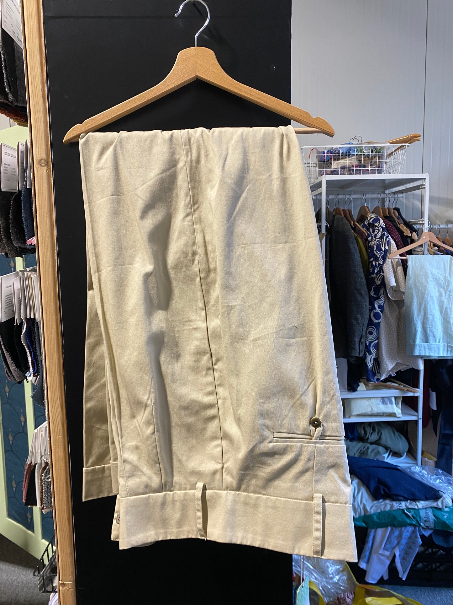 1940s blue high waisted trousers with pleated front in cotton twill