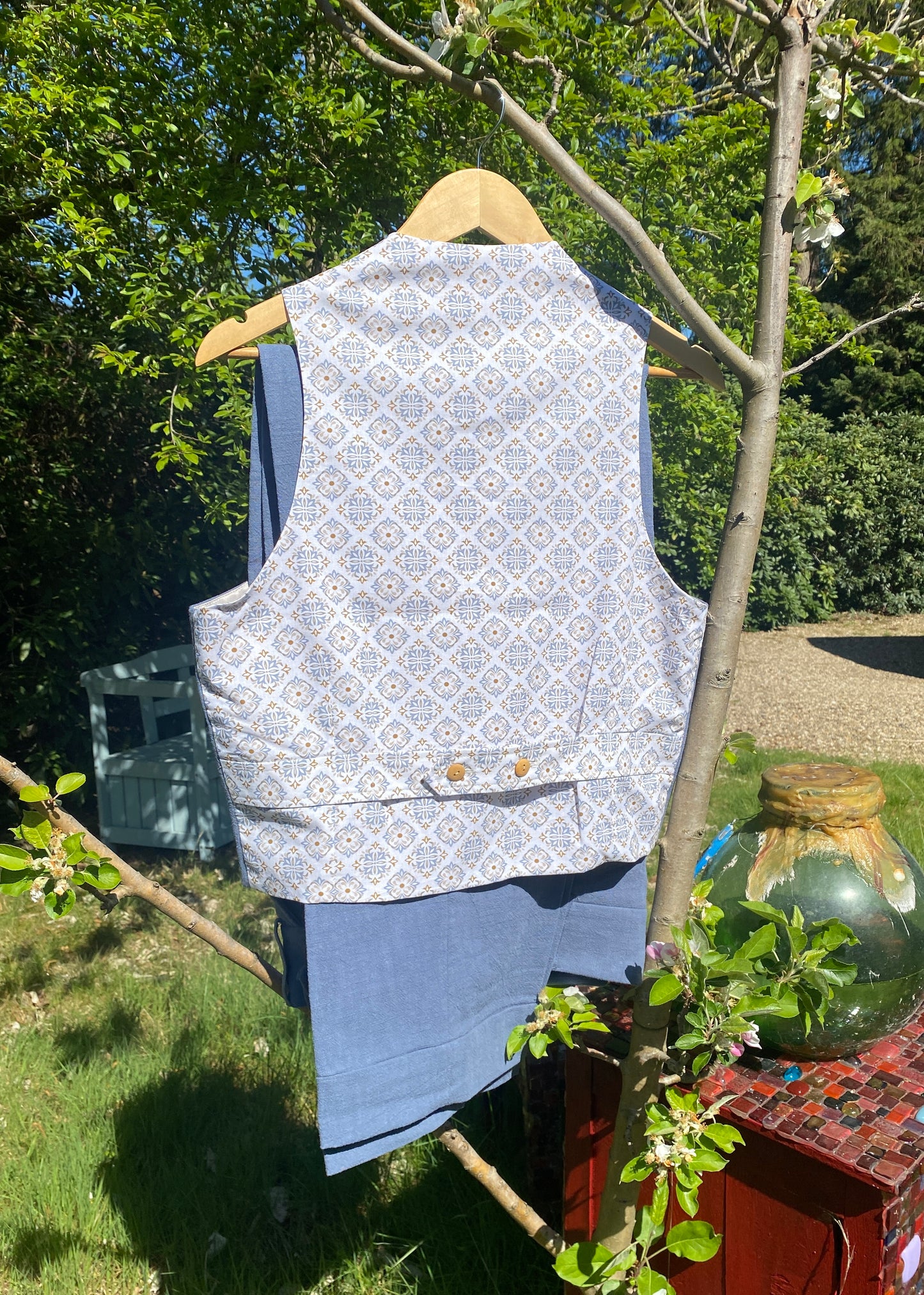 1930s 1940s waistcoat vintage style in steal blue linen