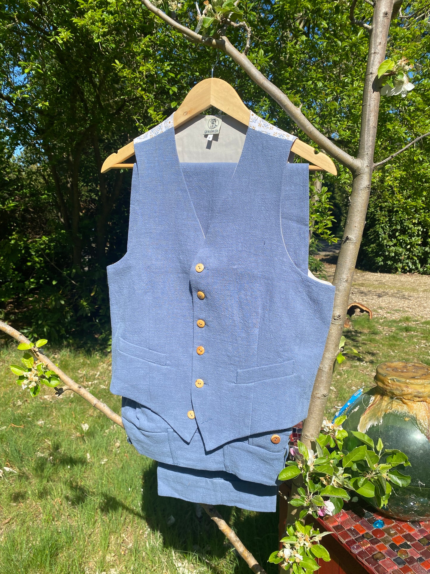 1930s 1940s waistcoat vintage style in steal blue linen