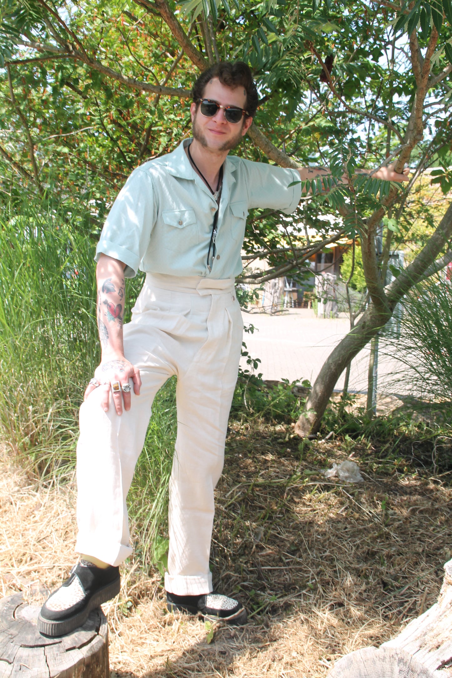 1940s blue high waisted trousers with pleated front in cotton twill