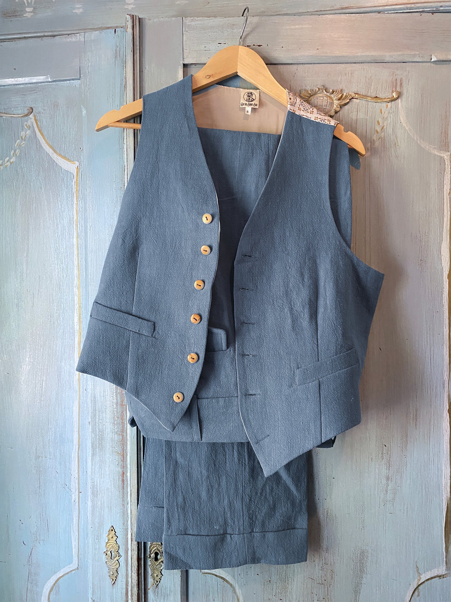 1930s 1940s waistcoat vintage style in steal blue linen