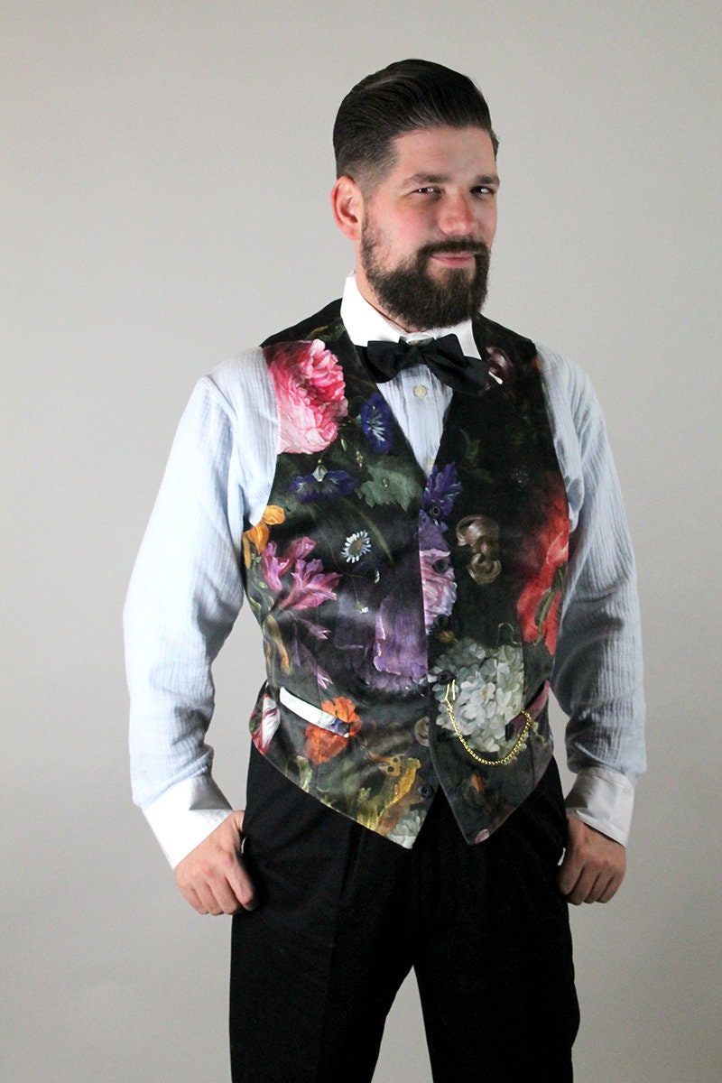 Waistcoat with flower print, old master painting print velvet, velvet waistcoat, waistcoat black flowers, vintage style waistcoat