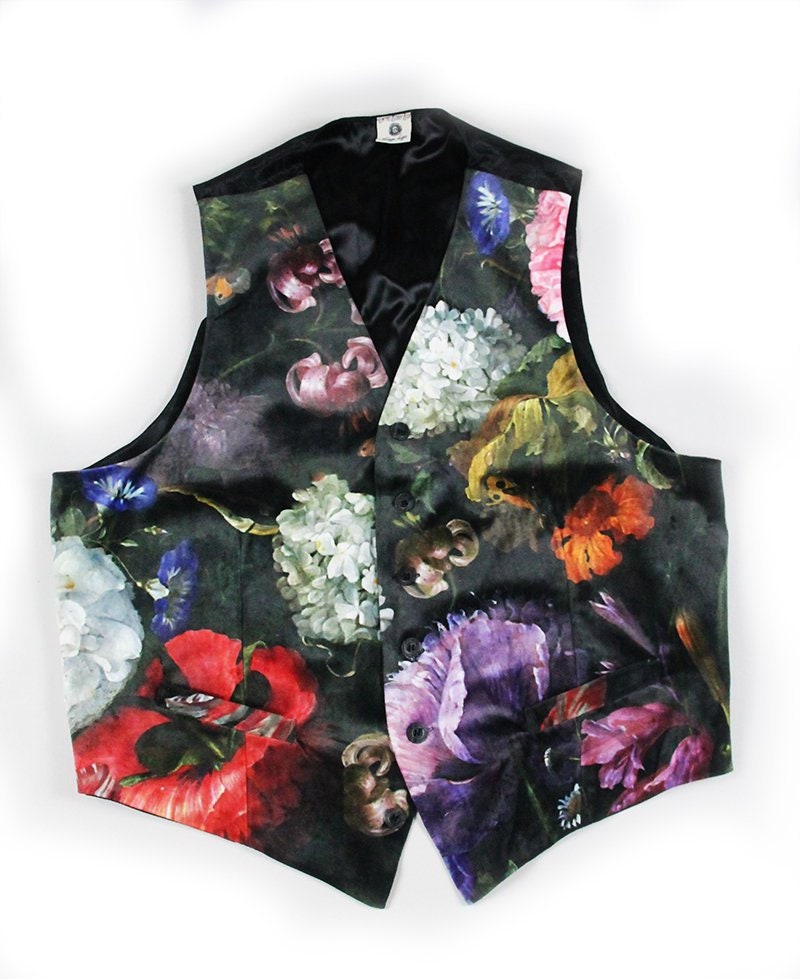 Waistcoat with flower print, old master painting print velvet, velvet waistcoat, waistcoat black flowers, vintage style waistcoat