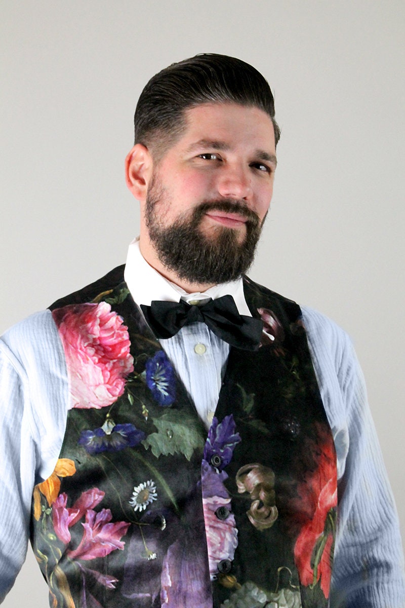 Waistcoat with flower print, old master painting print velvet, velvet waistcoat, waistcoat black flowers, vintage style waistcoat