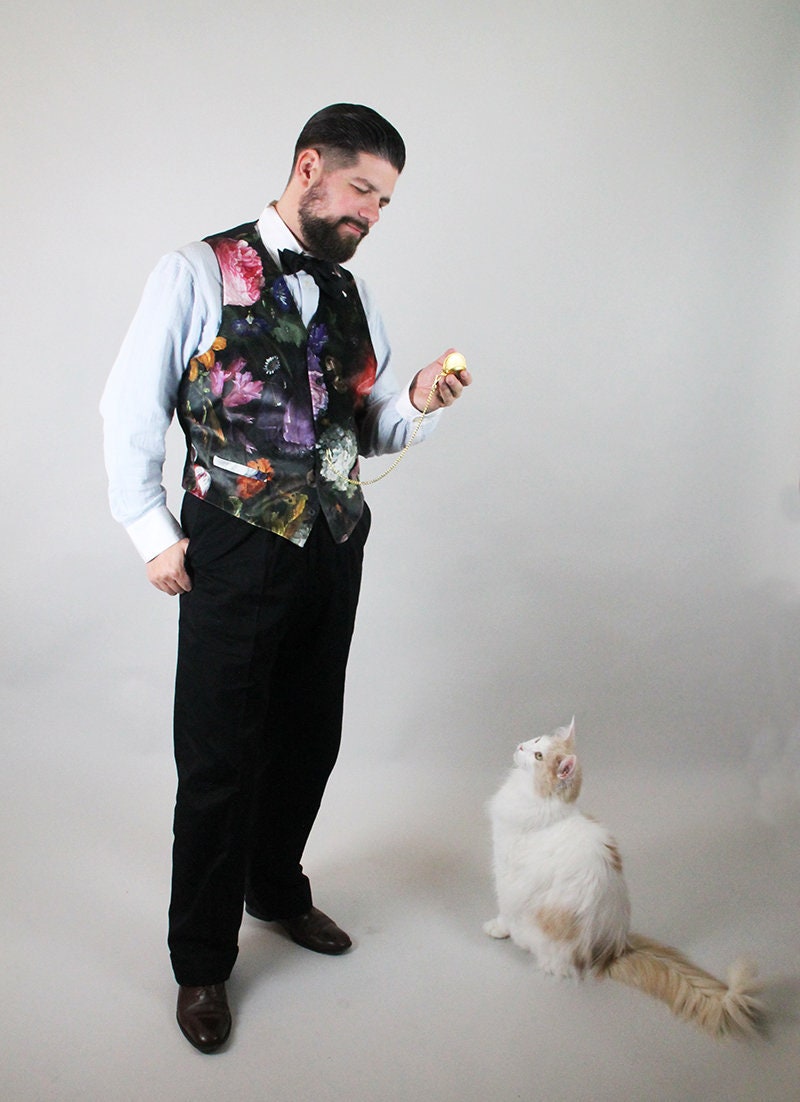 Waistcoat with flower print, old master painting print velvet, velvet waistcoat, waistcoat black flowers, vintage style waistcoat