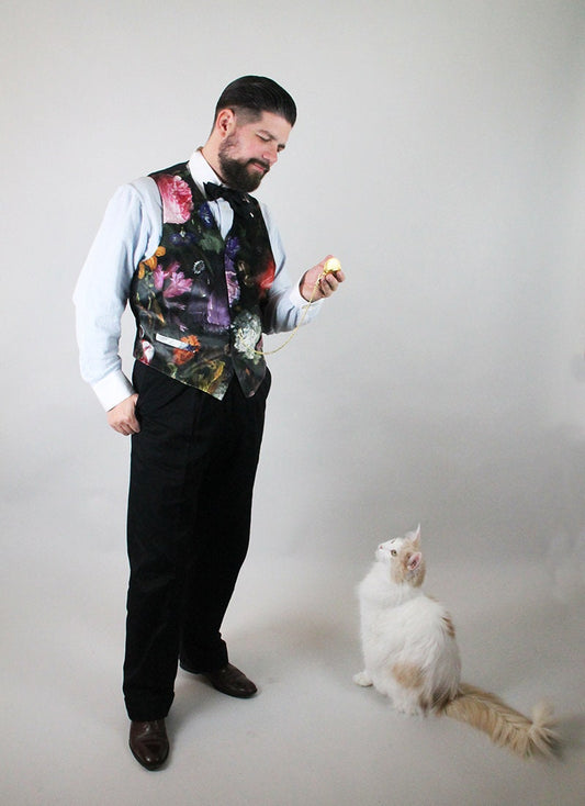 Waistcoat with flower print, old master painting print velvet, velvet waistcoat, waistcoat black flowers, vintage style waistcoat