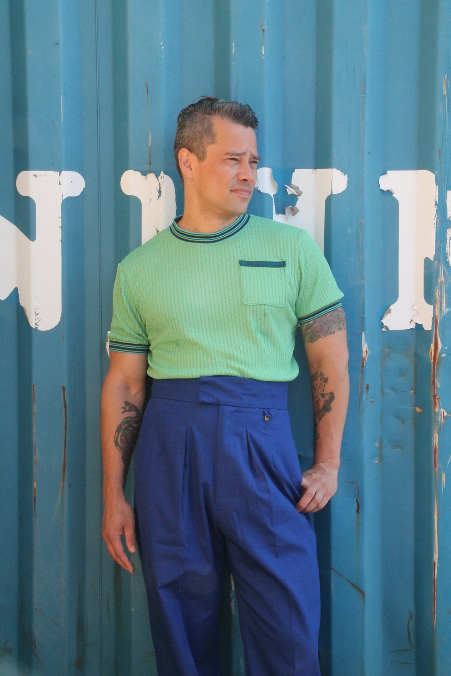 1940s blue high waisted trousers with pleated front in cotton