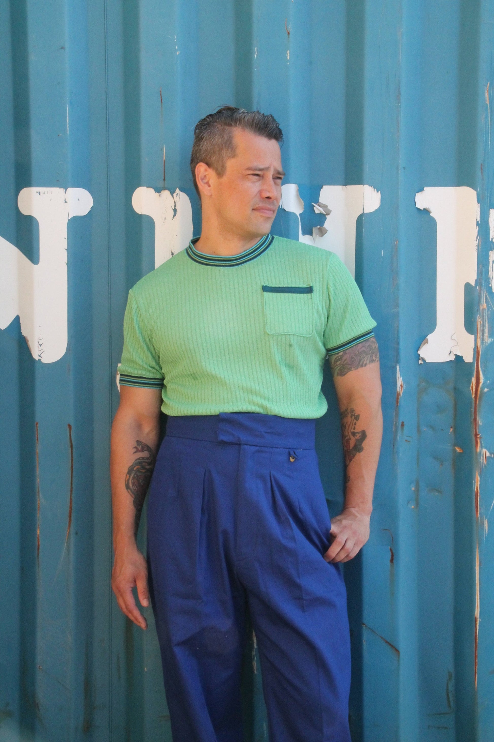 1940s blue high waisted trousers with pleated front in cotton