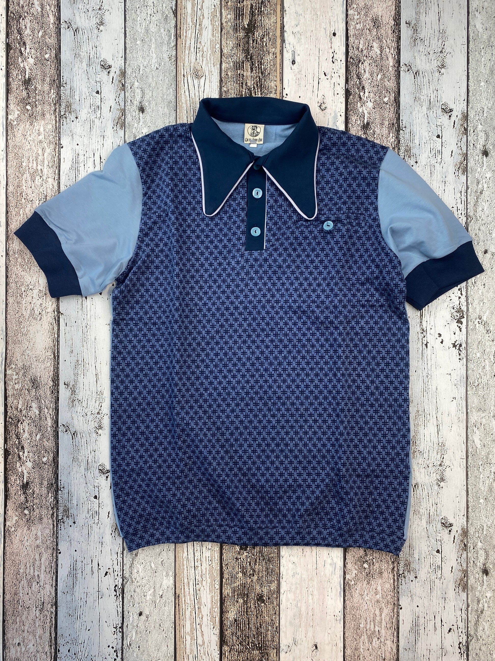 1940s vintage style polo shirt indigo blue retro mens shirt