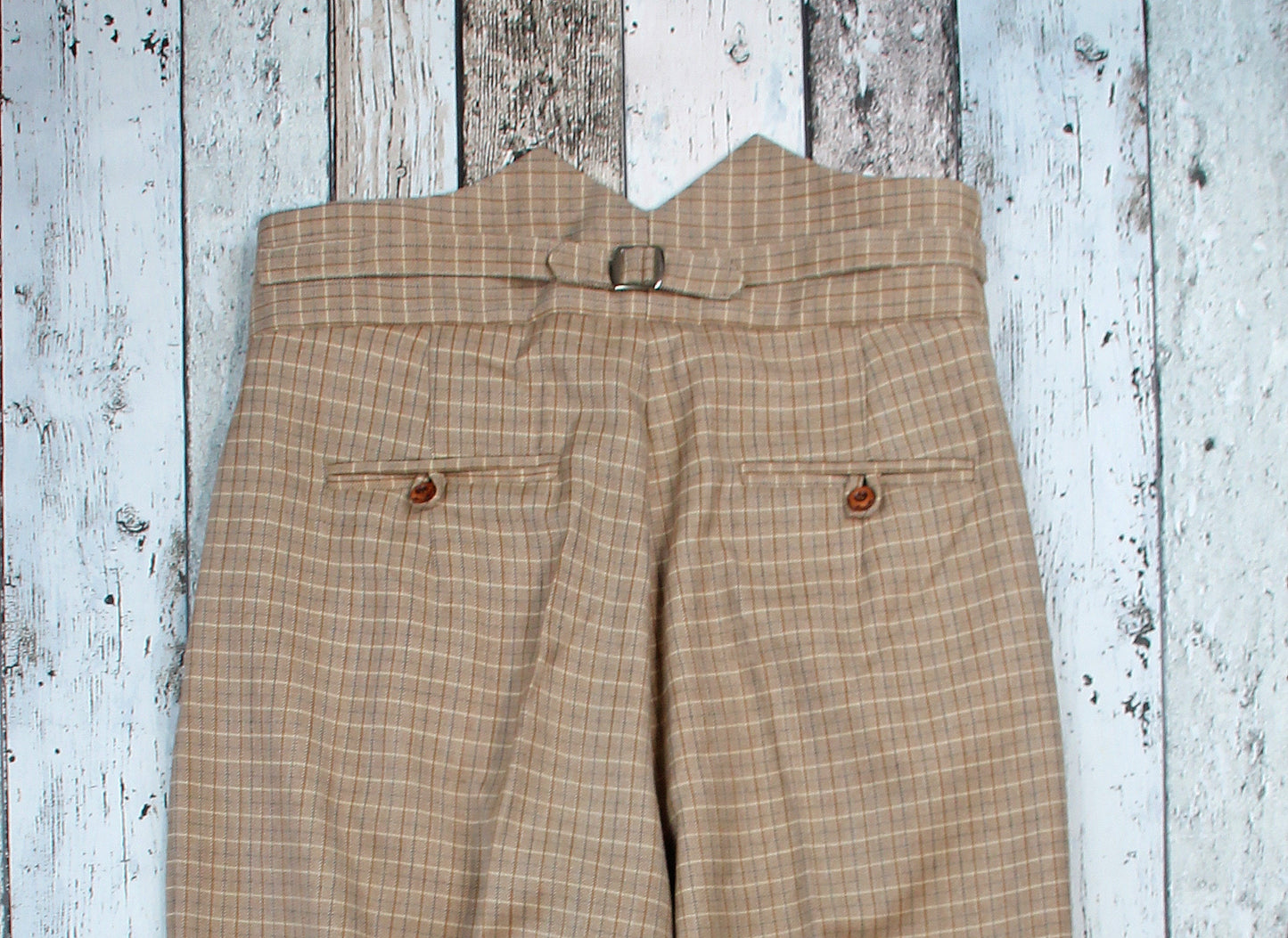 1940s high waist suit trousers vintage style, brown beige checkered 1930s pants