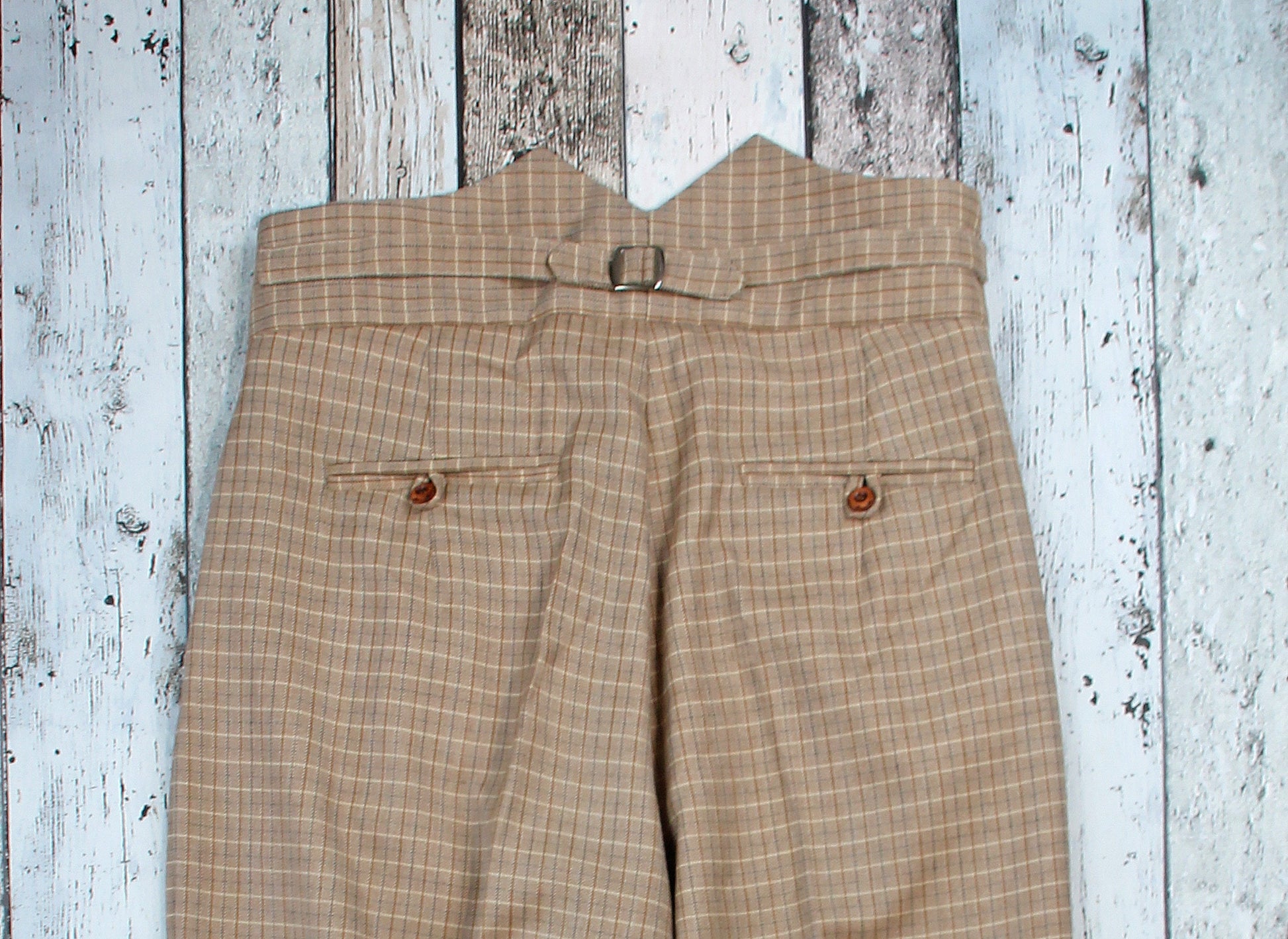 1940s high waist suit trousers vintage style, brown beige checkered 1930s pants