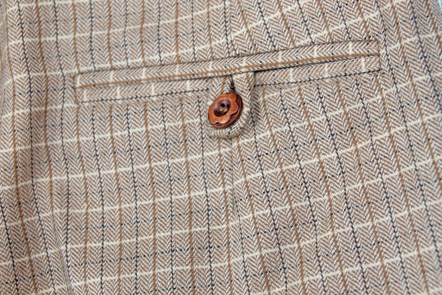 1940s high waist suit trousers vintage style, brown beige checkered 1930s pants