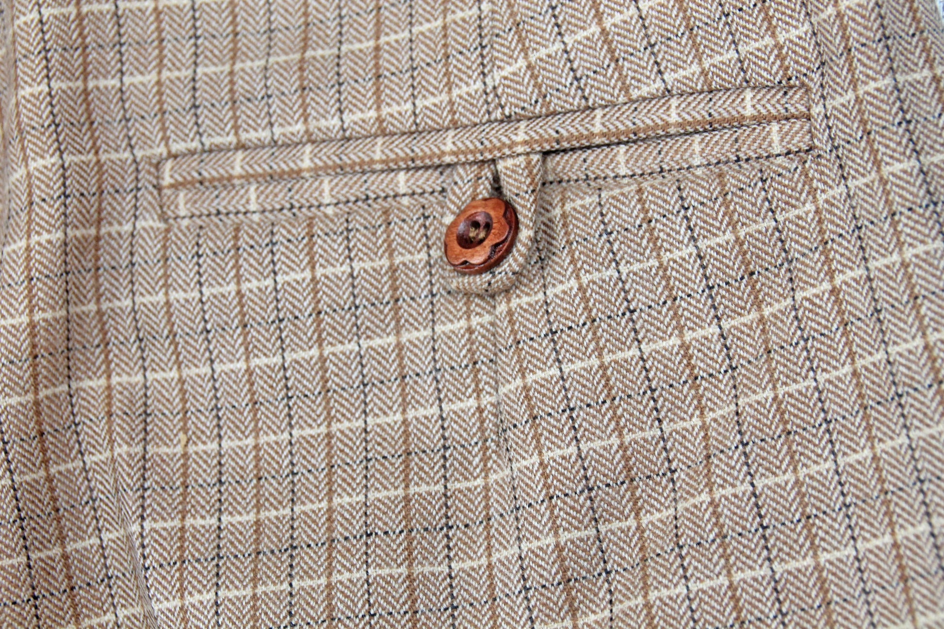 1940s high waist suit trousers vintage style, brown beige checkered 1930s pants