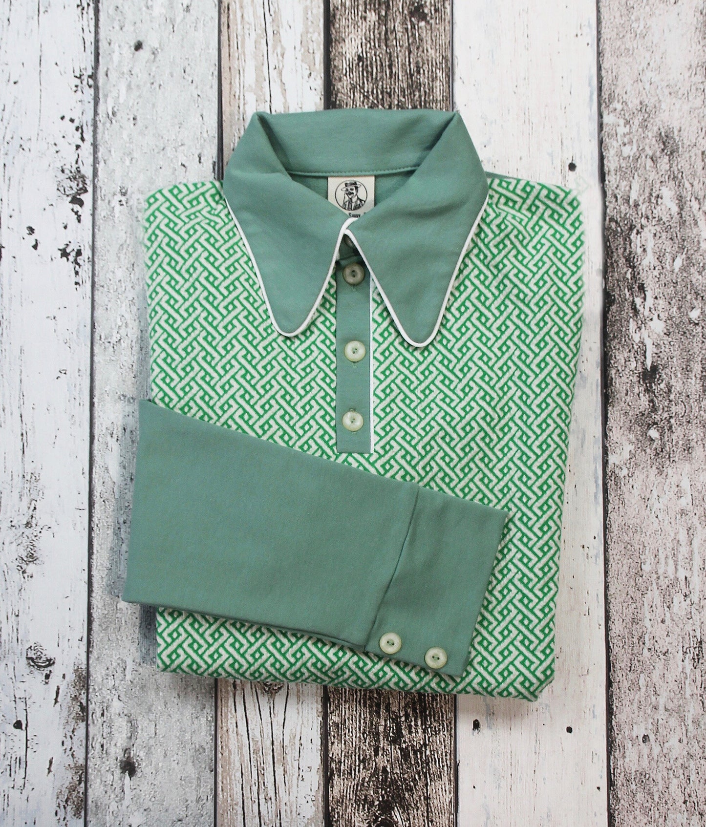retro polo shirt long sleeve dark mint 1940s style spearpoint collar shirt