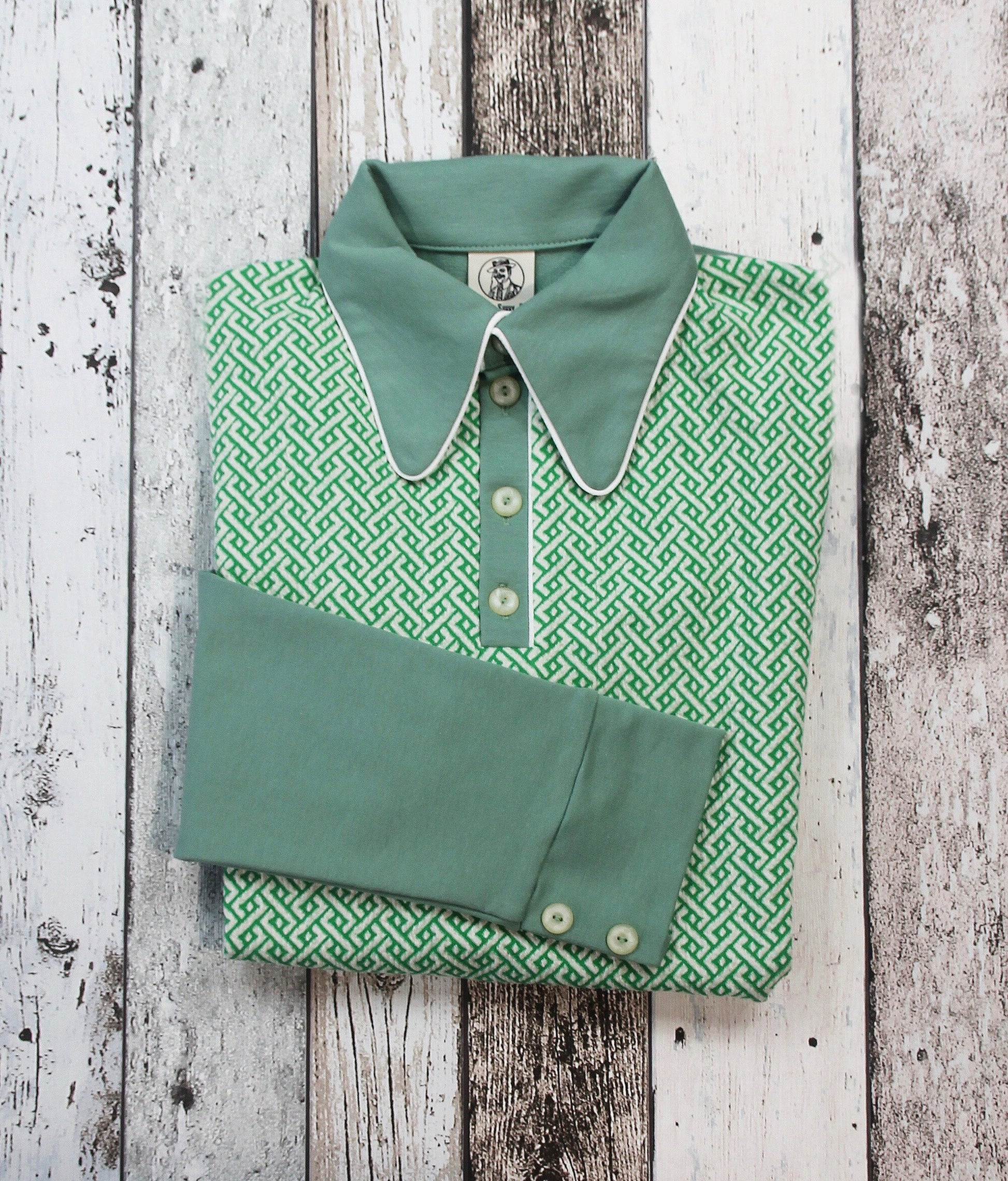 retro polo shirt long sleeve dark mint 1940s style spearpoint collar shirt