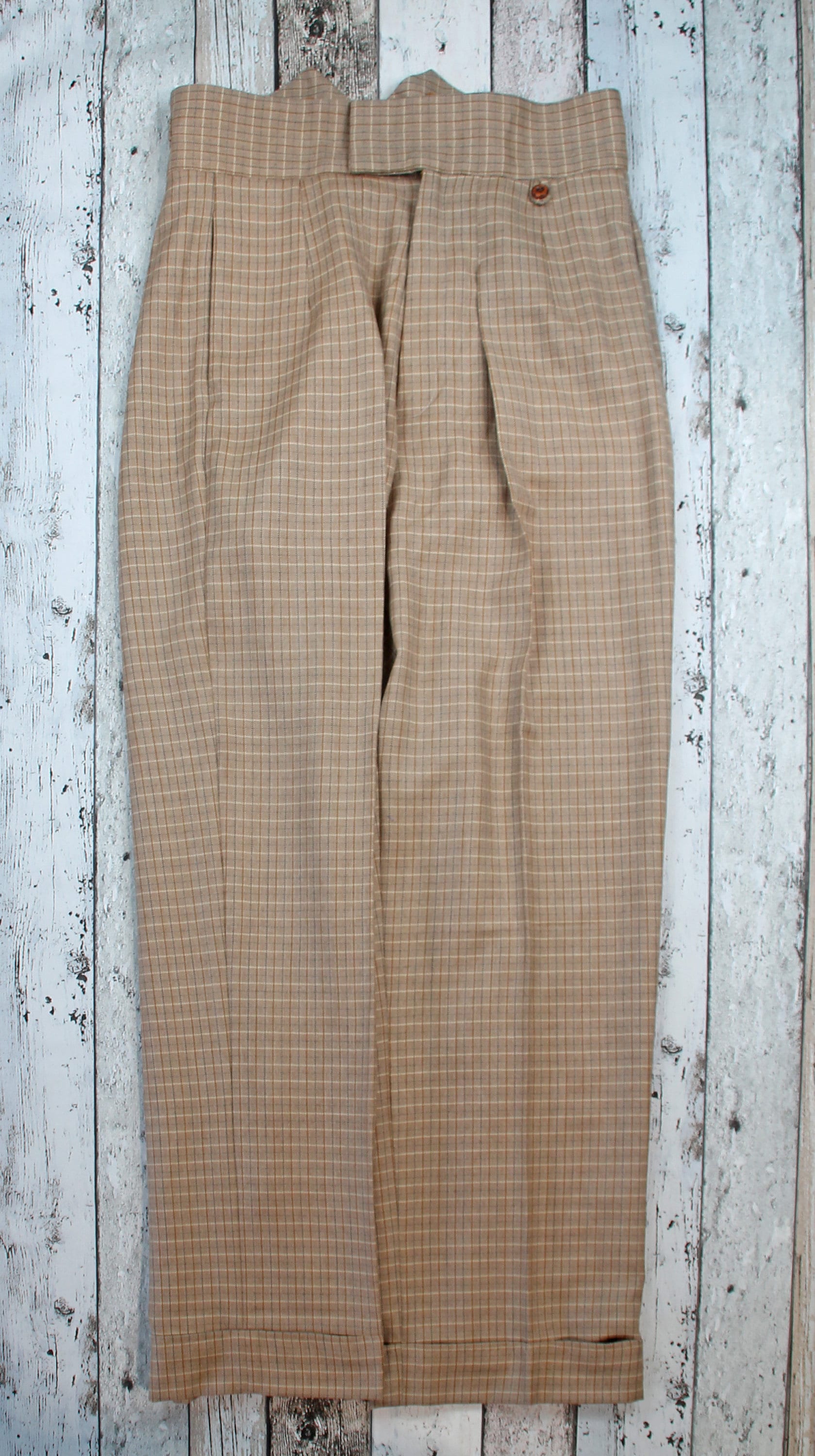 1940s high waist suit trousers vintage style, brown beige checkered 1930s pants
