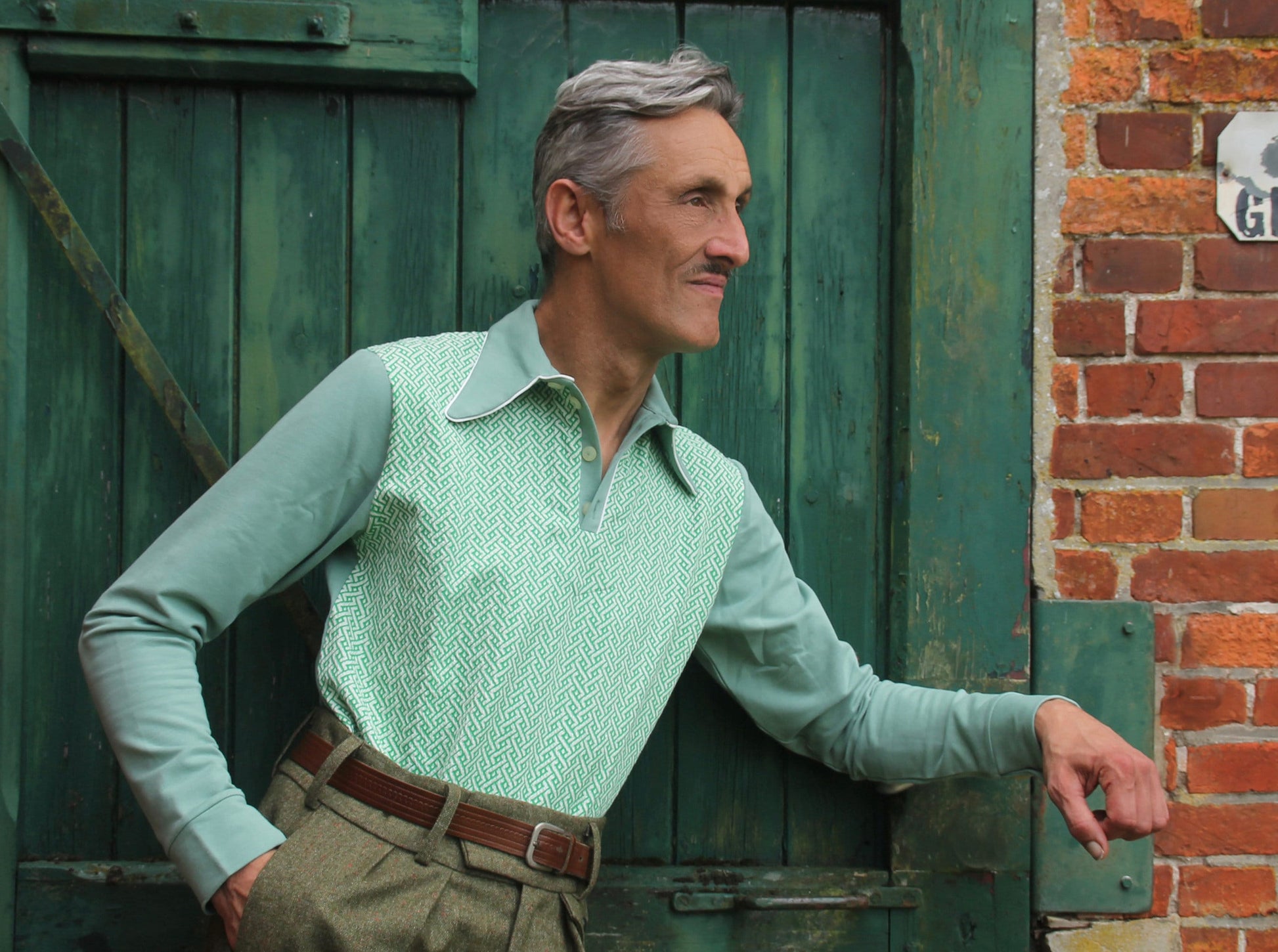 retro polo shirt long sleeve dark mint 1940s style spearpoint collar shirt