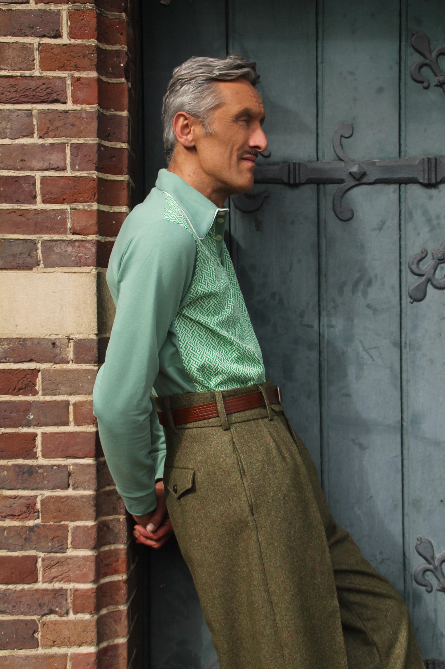 retro polo shirt long sleeve dark mint 1940s style spearpoint collar shirt