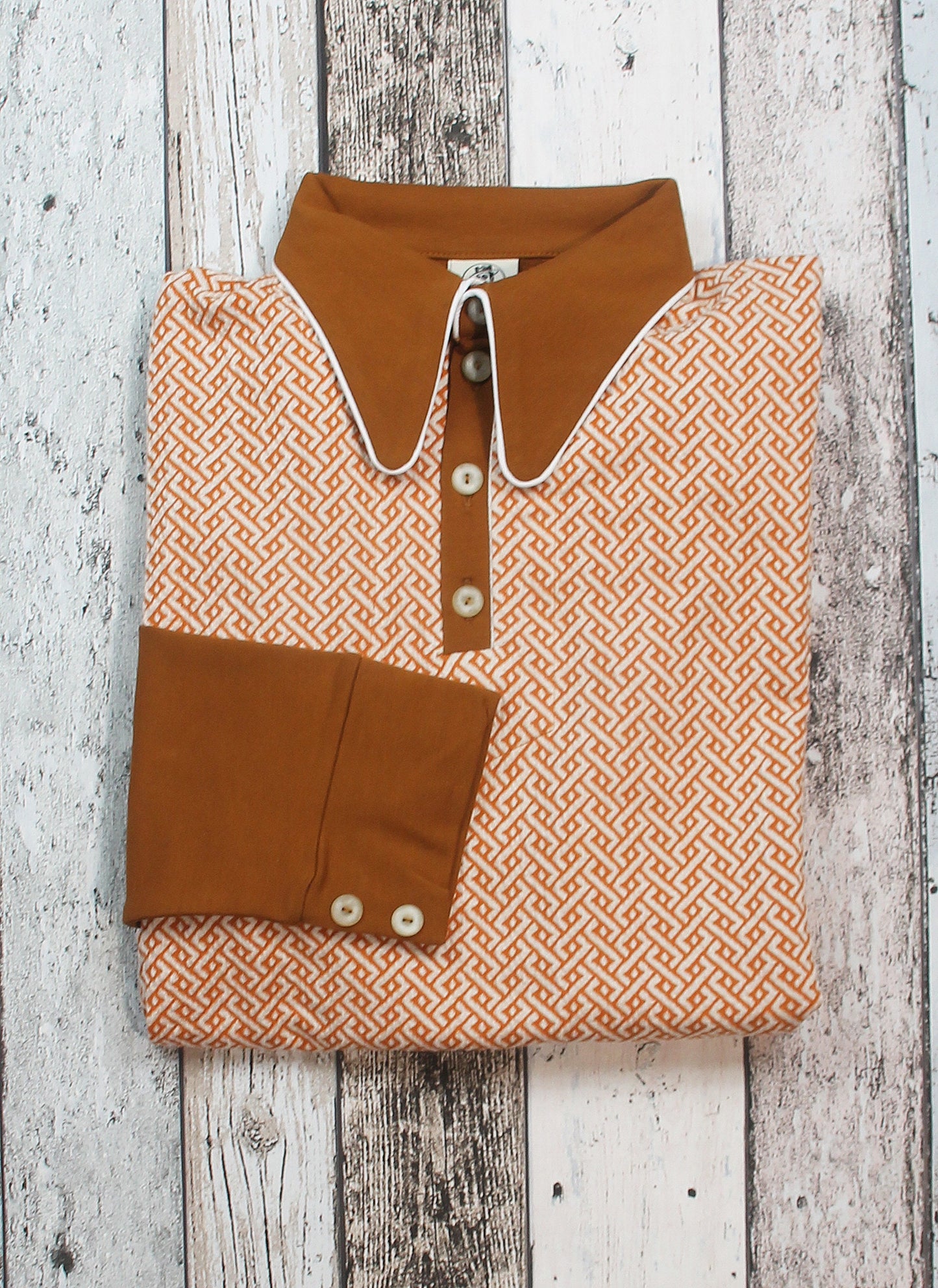 vintage inspired polo shirt long sleeve rust brown orange 1940s style spearpoint collar shirt