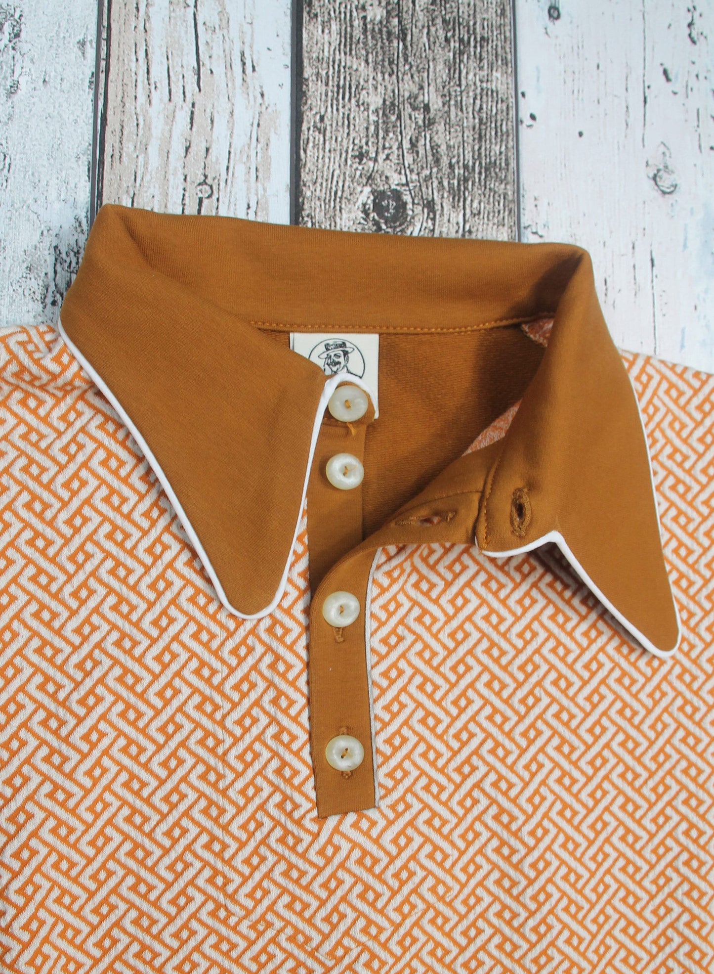 vintage inspired polo shirt long sleeve rust brown orange 1940s style spearpoint collar shirt