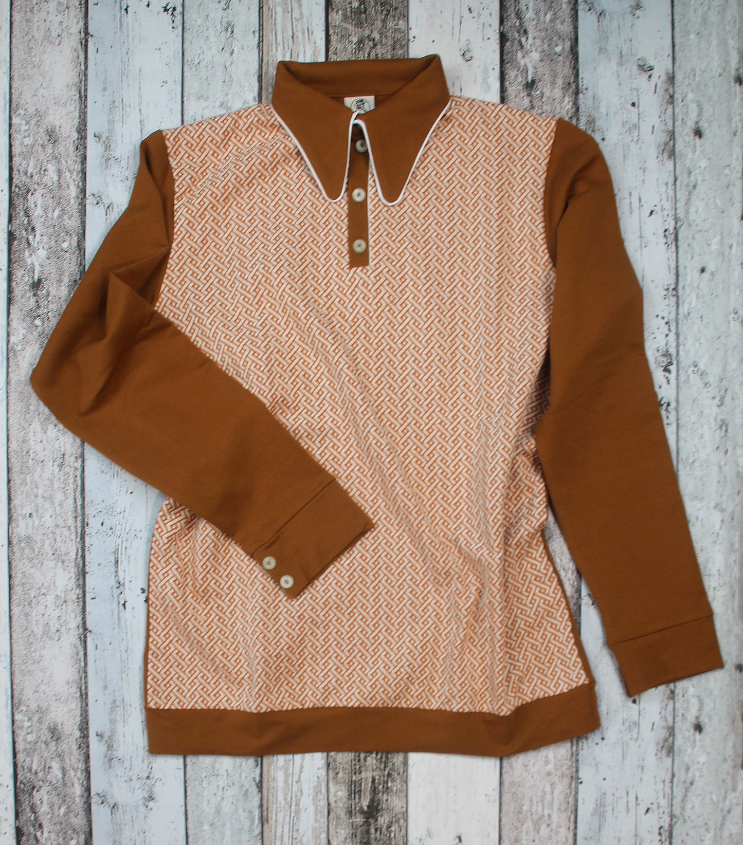 vintage inspired polo shirt long sleeve rust brown orange 1940s style spearpoint collar shirt