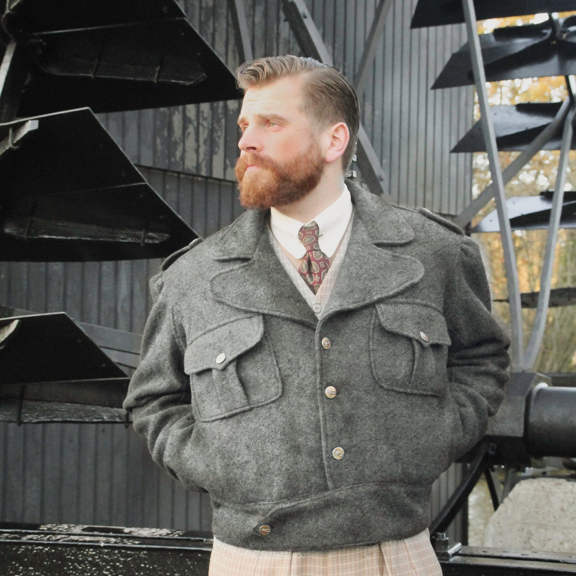 1940s vintage style repro Ike jacket or Eisenhower jacket in Grey melange pure wool