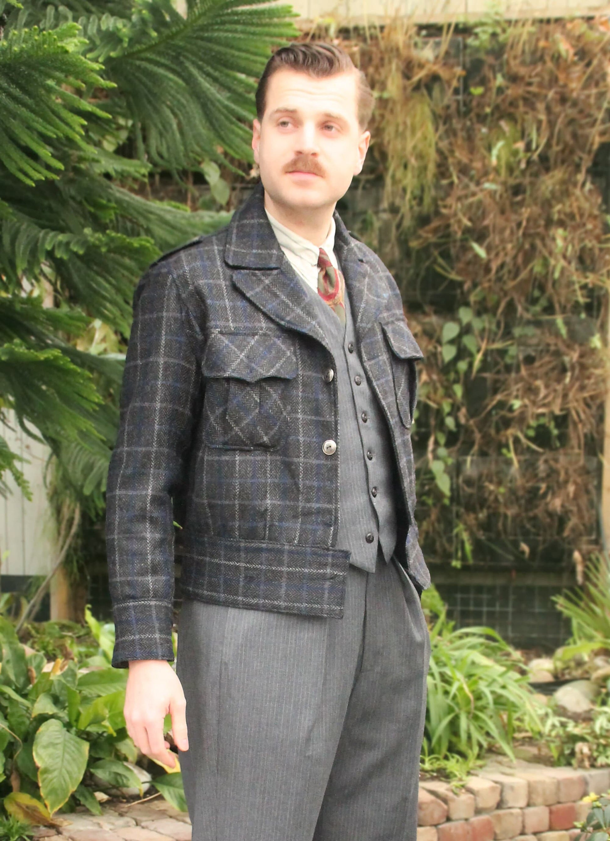 Ike jacket 1940s reproduction in 100% Shetland wool grey with blue plaid checkers
