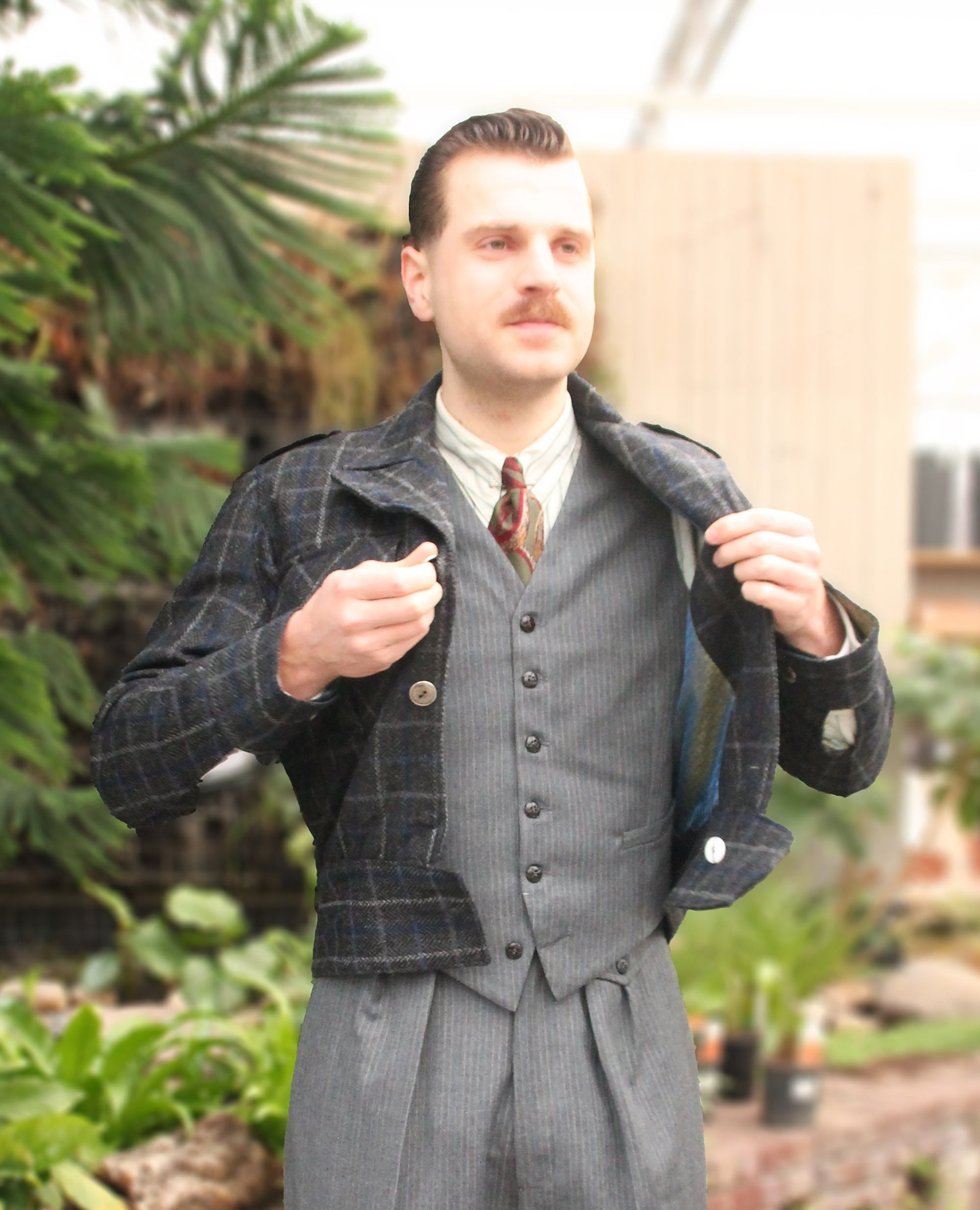 Ike jacket 1940s reproduction in 100% Shetland wool grey with blue plaid checkers