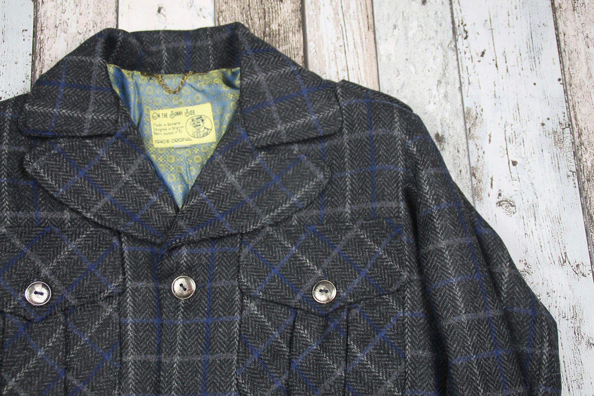 Ike jacket 1940s reproduction in 100% Shetland wool grey with blue plaid checkers