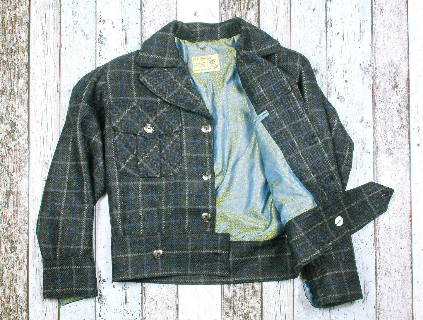 Ike jacket 1940s reproduction in 100% Shetland wool grey with blue plaid checkers