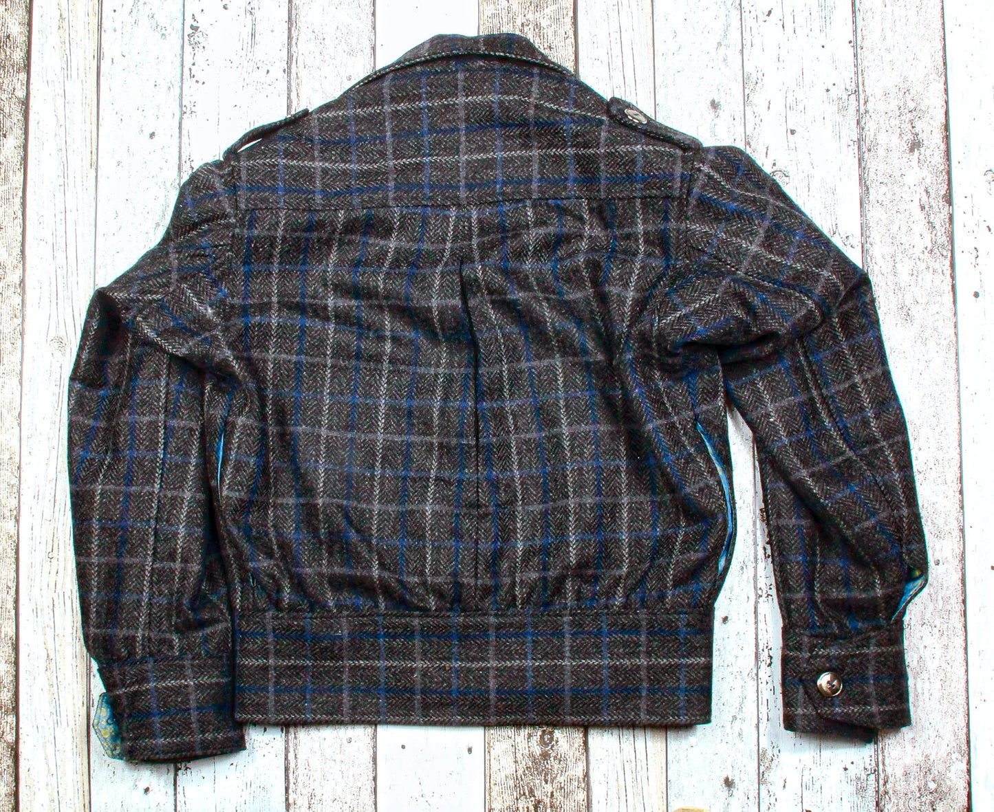 Ike jacket 1940s reproduction in 100% Shetland wool grey with blue plaid checkers
