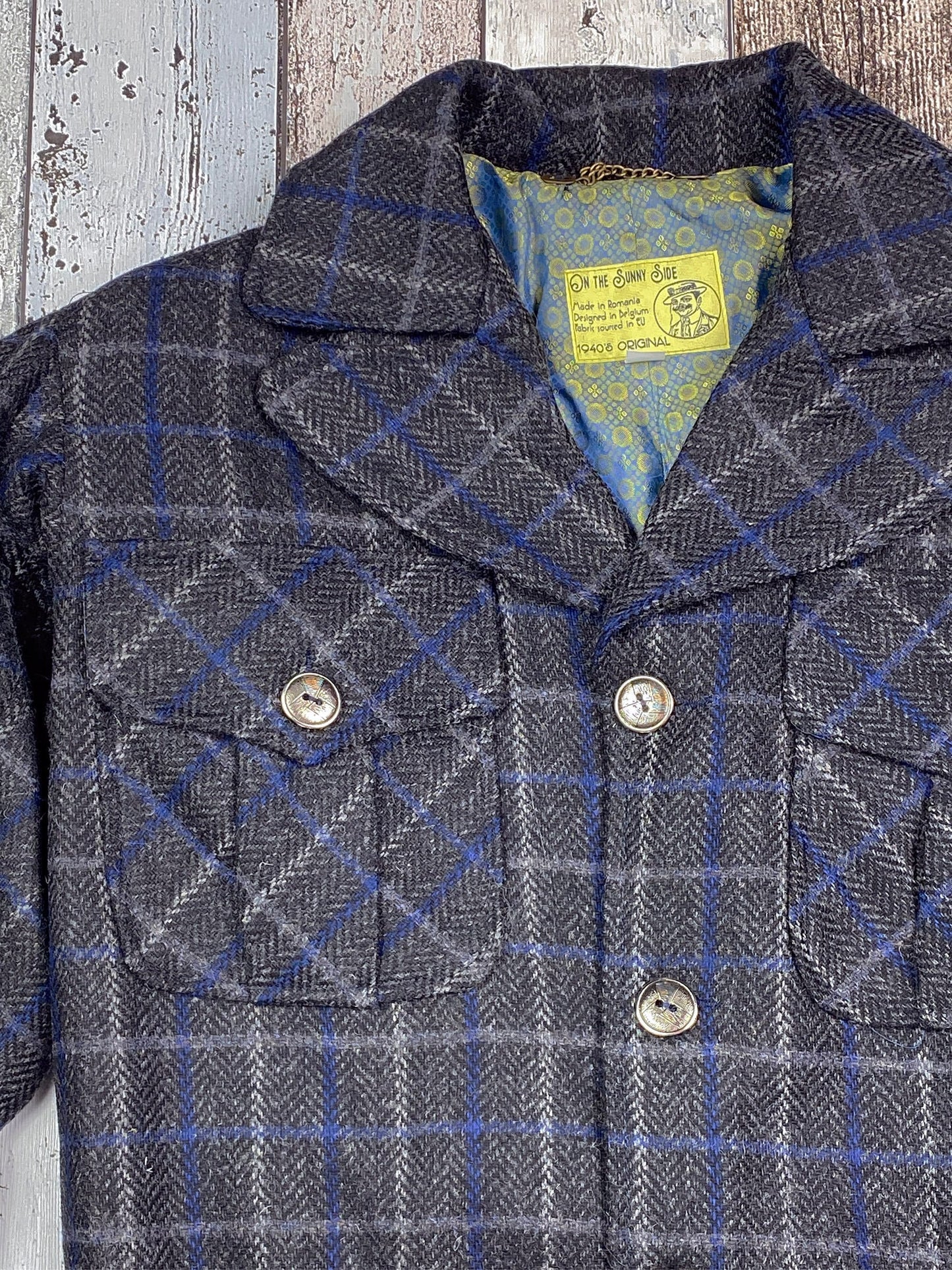 Ike jacket 1940s reproduction in 100% Shetland wool grey with blue plaid checkers