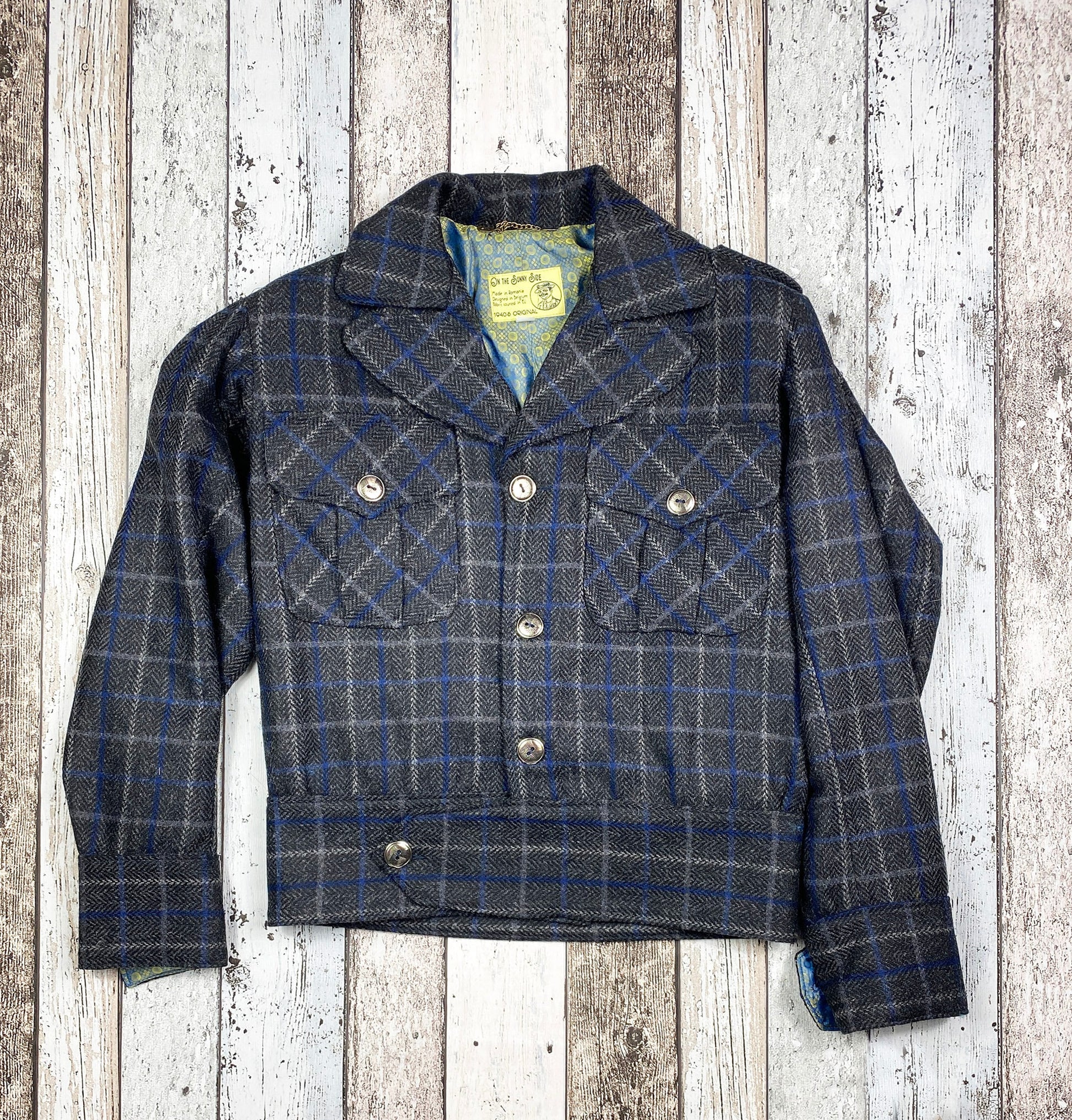 Ike jacket 1940s reproduction in 100% Shetland wool grey with blue plaid checkers