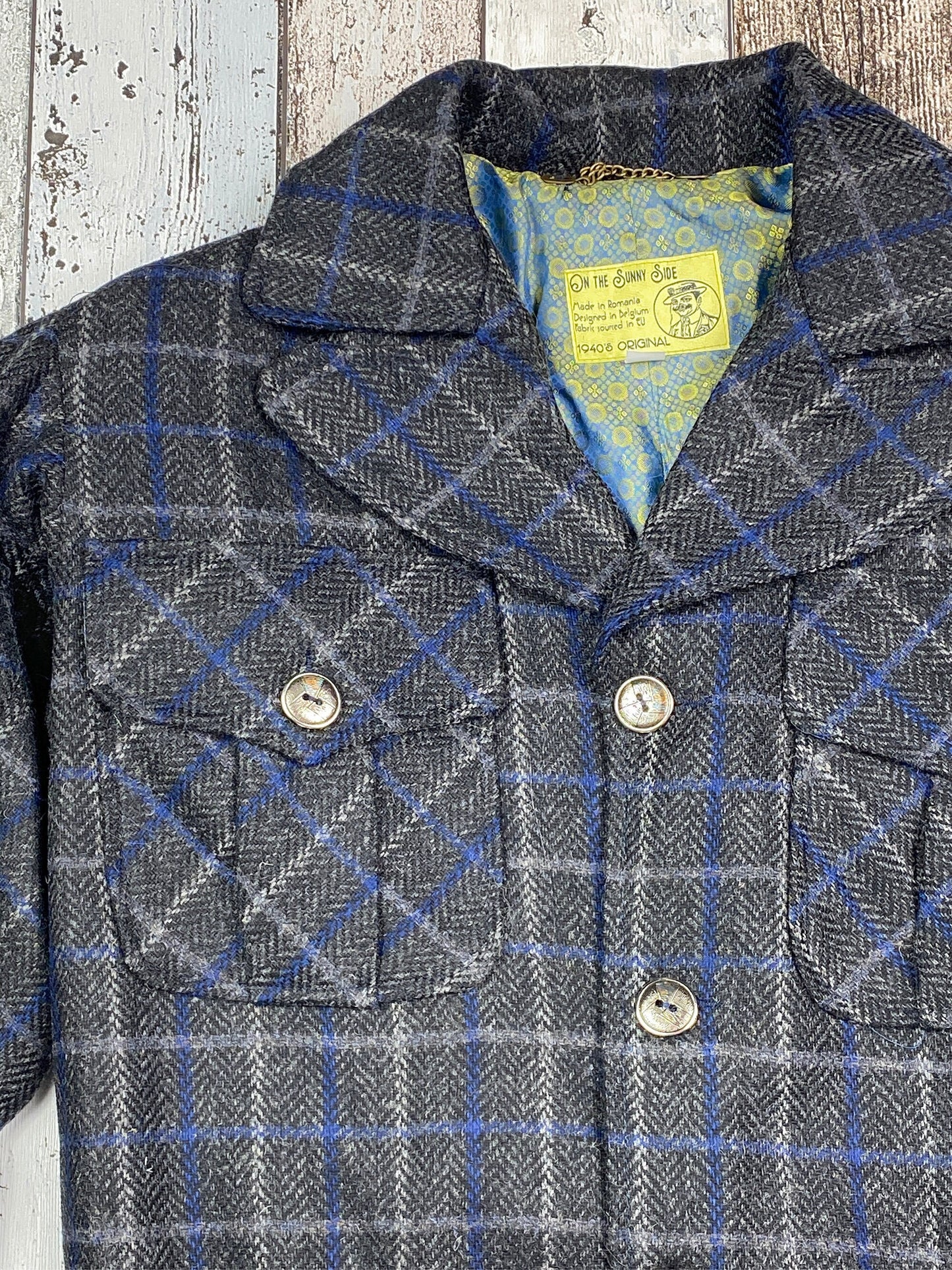 Ike jacket 1940s reproduction in 100% Shetland wool grey with blue plaid checkers