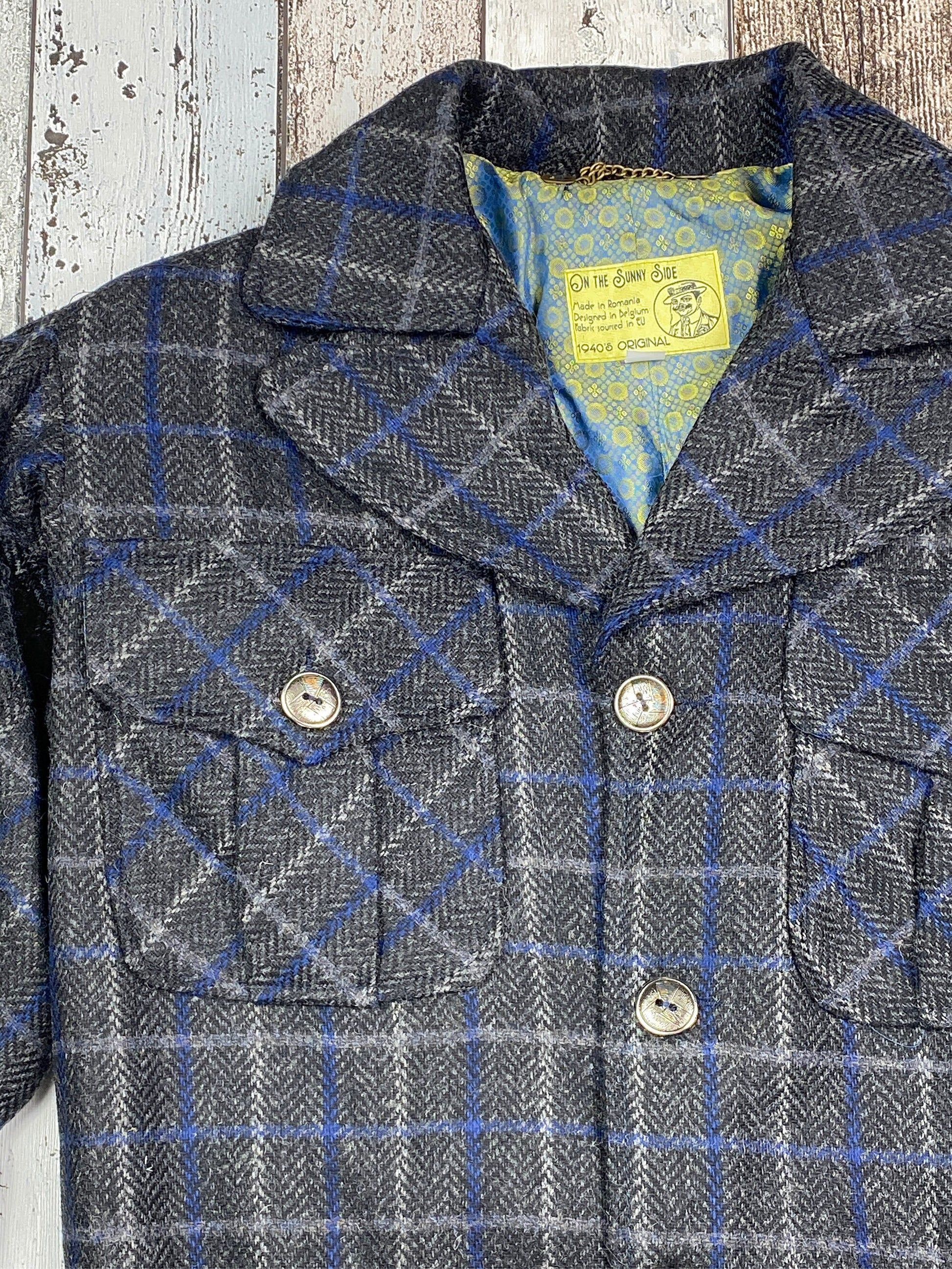 Ike jacket 1940s reproduction in 100% Shetland wool grey with blue plaid checkers