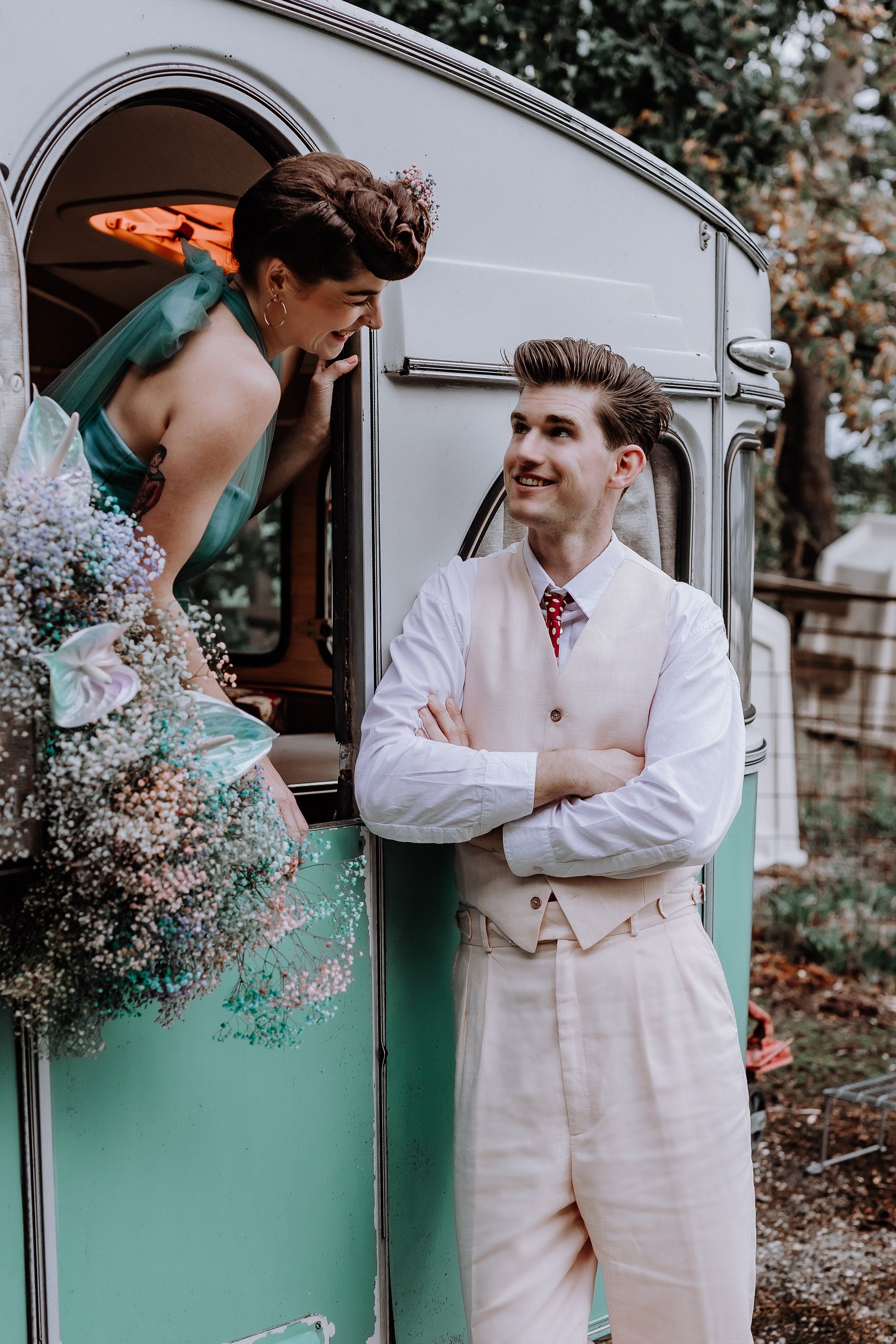 Vintage 1920s style high waist trousers in pink linen