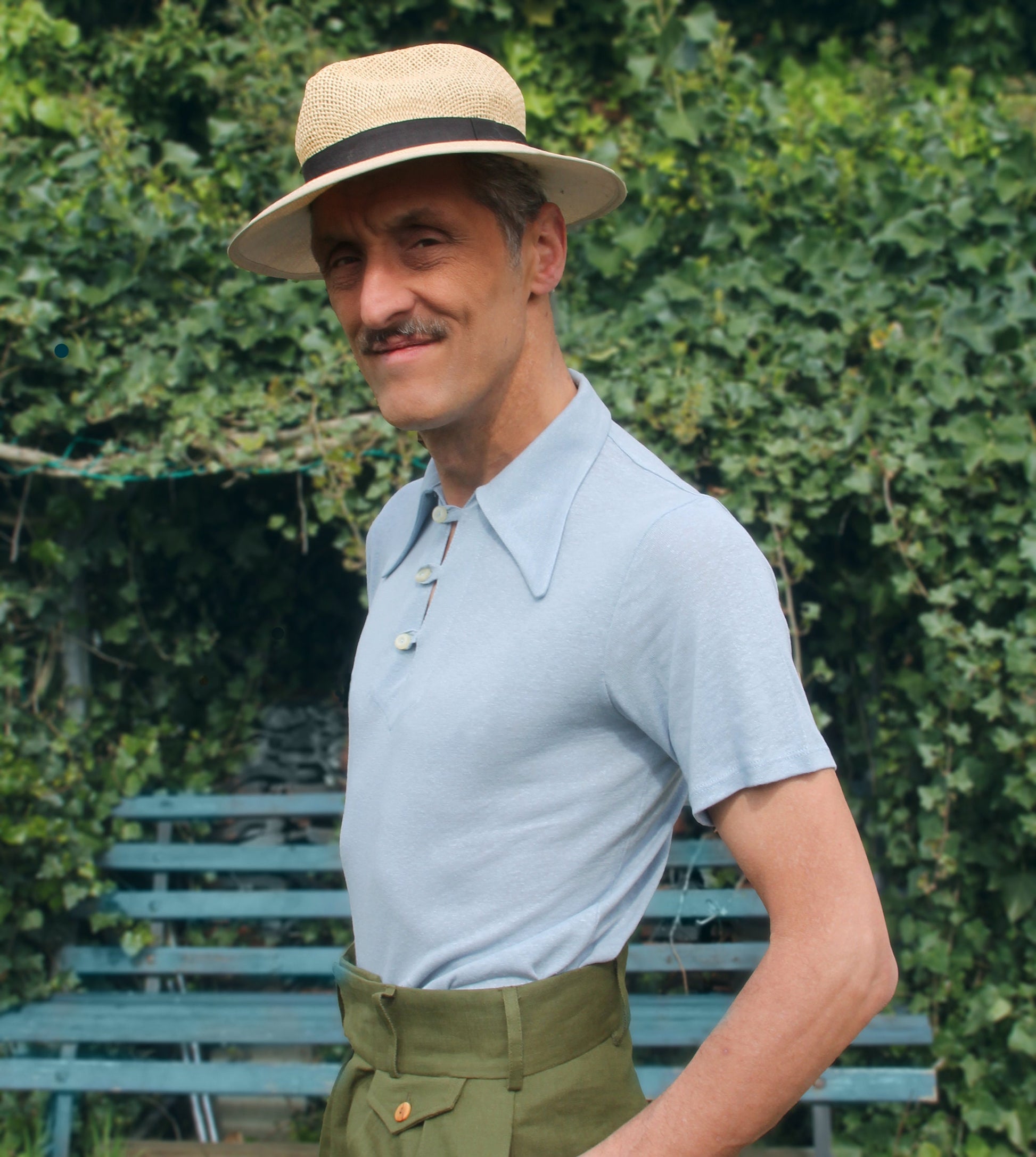 Vintage style mens polo shirt light blue jersey with 1930s sport shirt