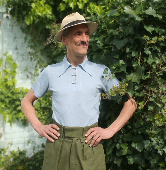 Vintage style mens polo shirt light blue jersey with 1930s sport shirt