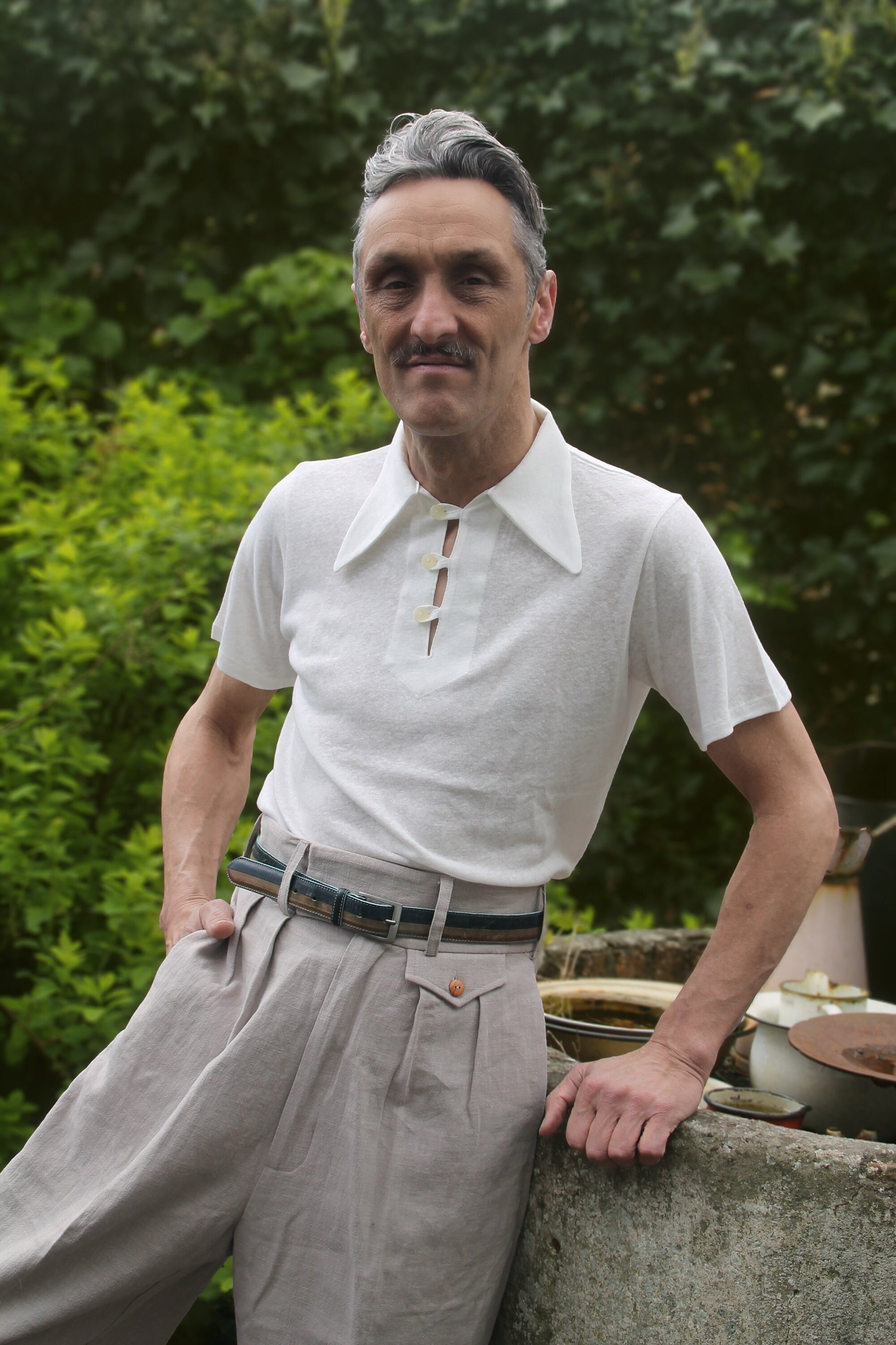 vintage style Olive Green Linen Polo - Vintage 1930s Retro Sport Shirt for Men