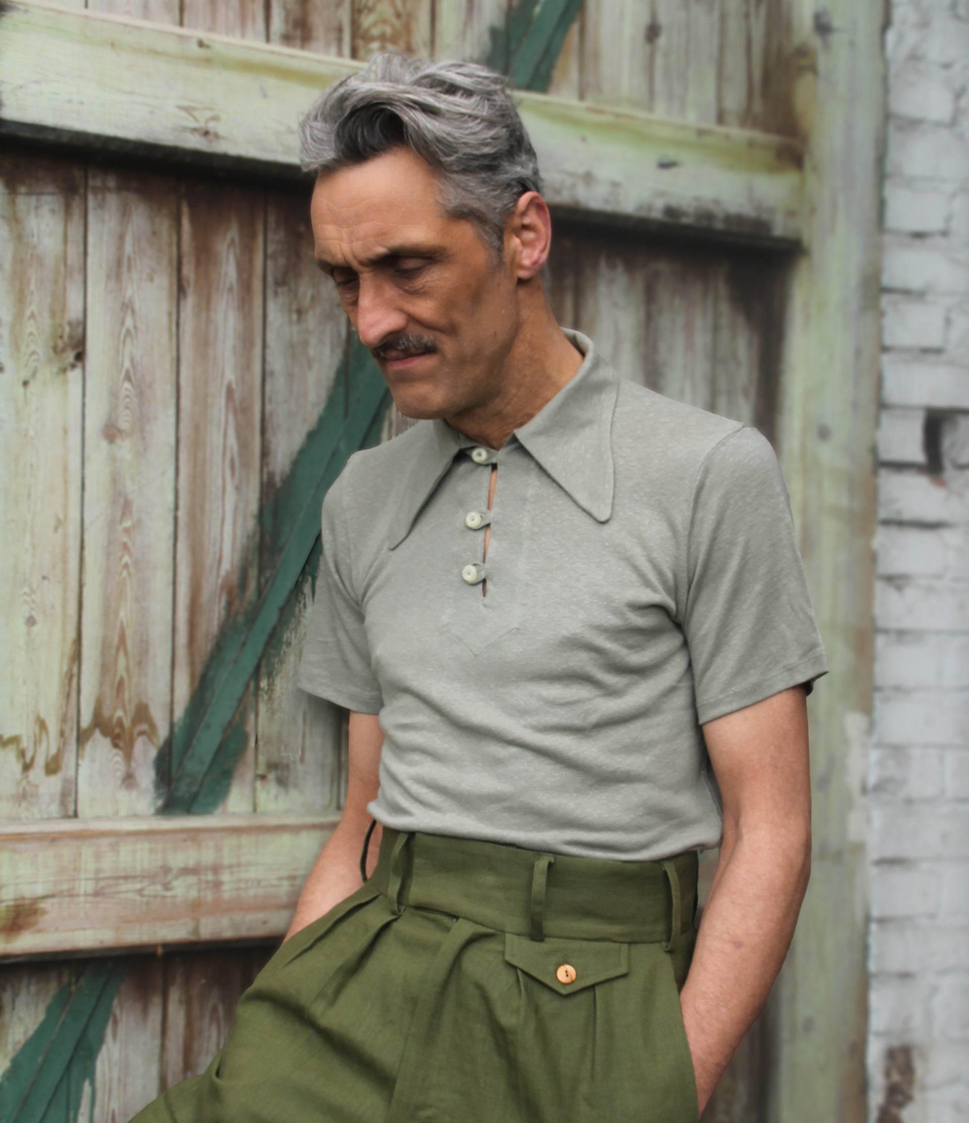 vintage style Olive Green Linen Polo - Vintage 1930s Retro Sport Shirt for Men