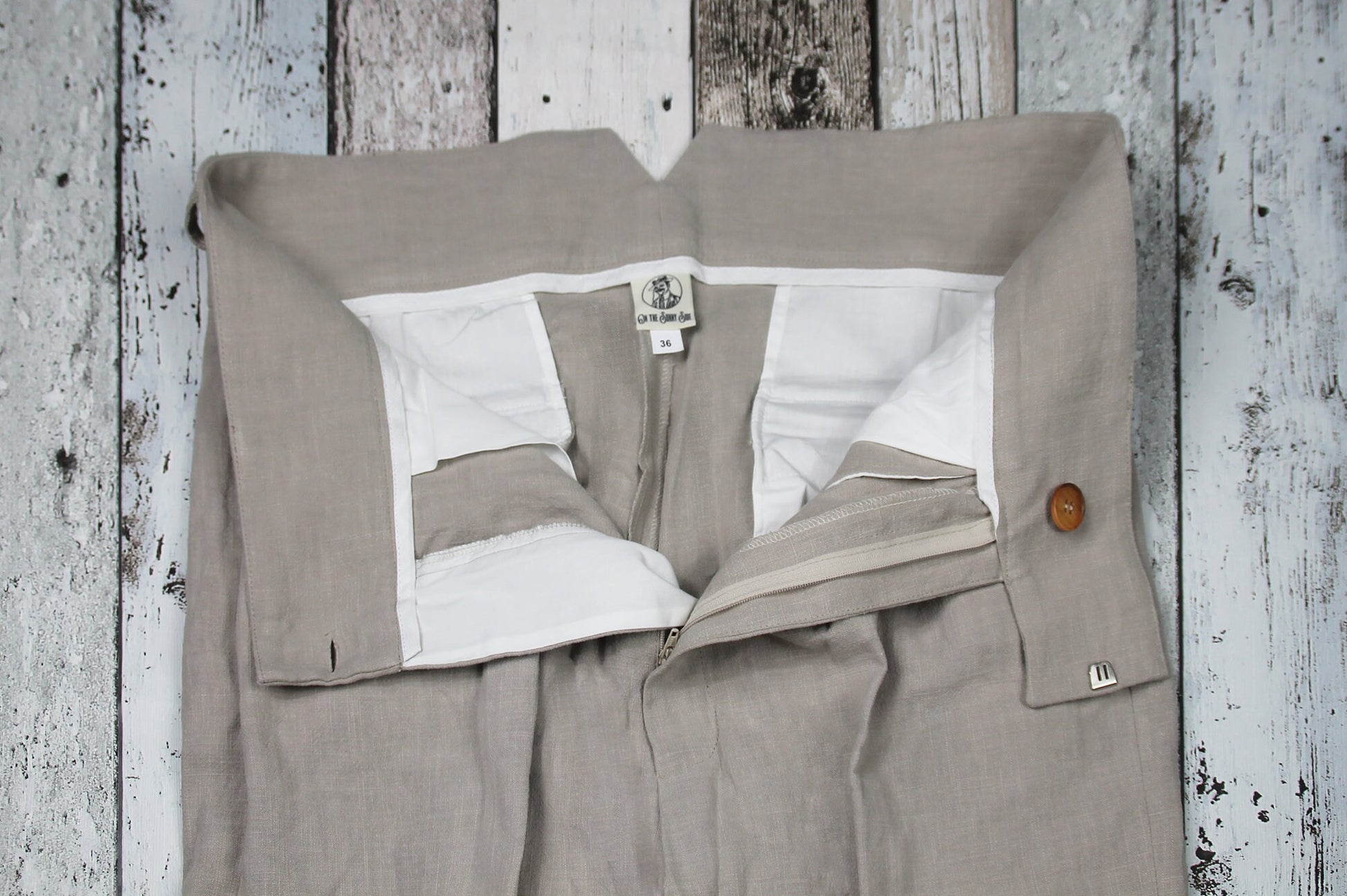 Vintage style high waist trousers light gray linen, 1930s 1940s pants with pleated front