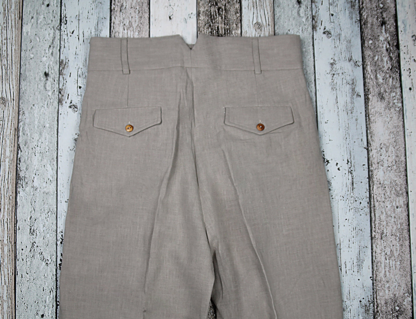 Vintage style high waist trousers light gray linen, 1930s 1940s pants with pleated front