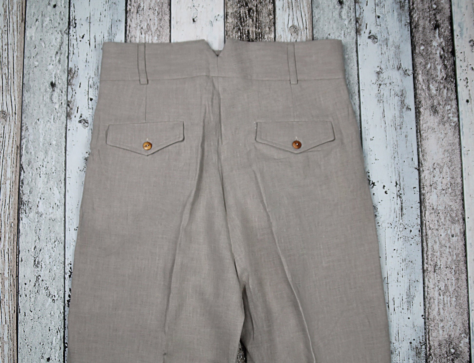 Vintage style high waist trousers light gray linen, 1930s 1940s pants with pleated front