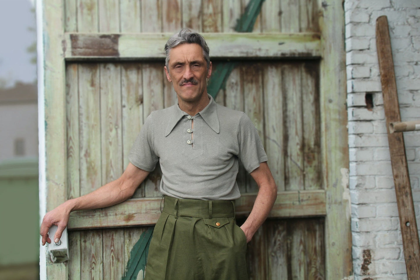 vintage style Olive Green Linen Polo - Vintage 1930s Retro Sport Shirt for Men