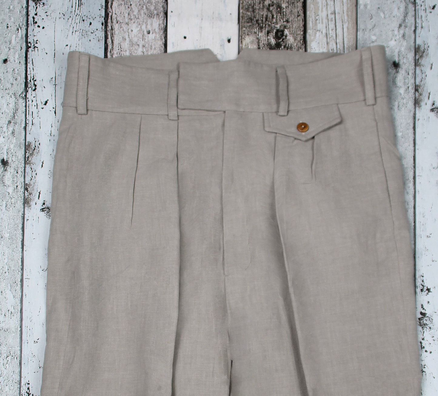 Vintage style high waist trousers light gray linen, 1930s 1940s pants with pleated front