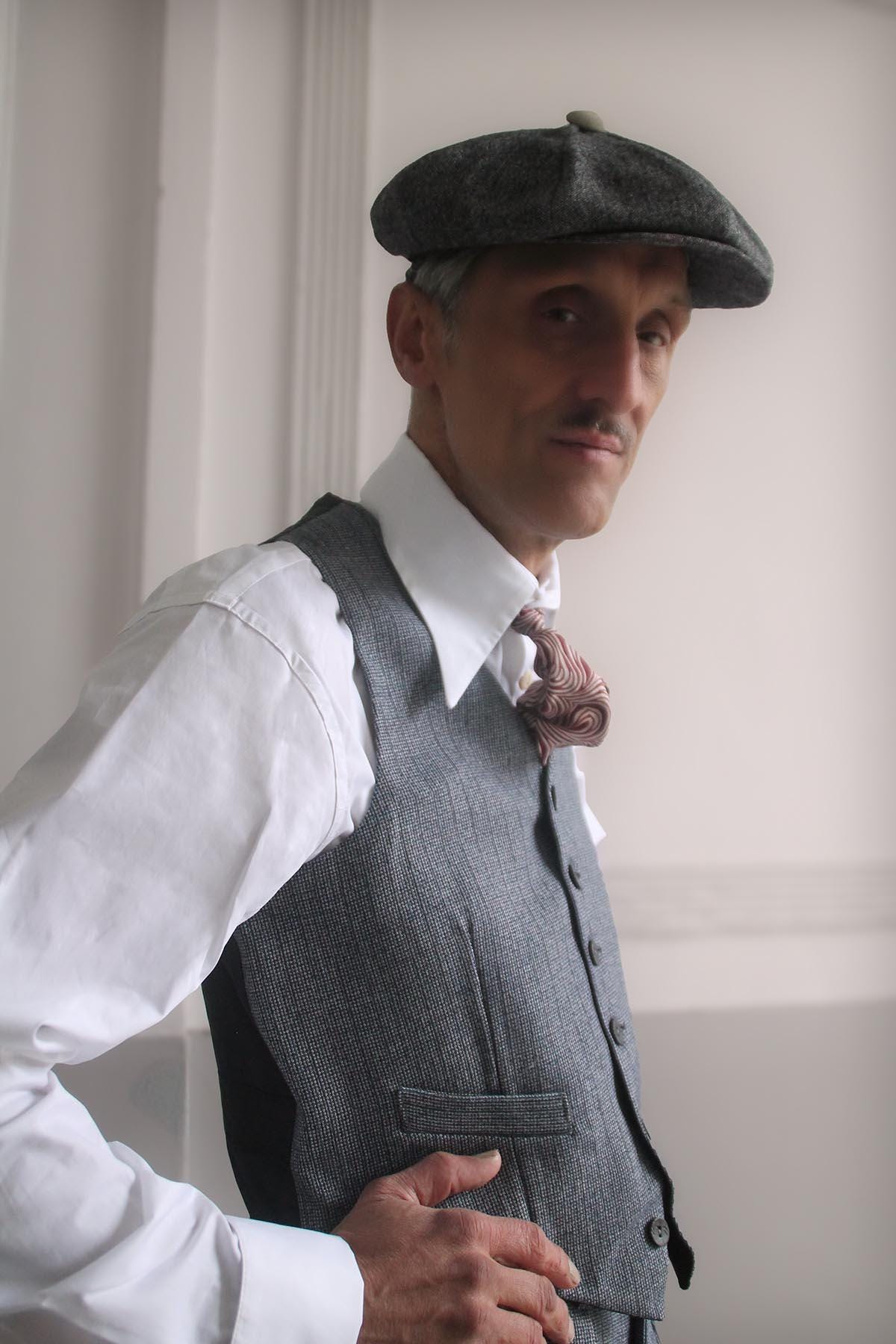 Vintage style high waistcoat in grey and black striped wool