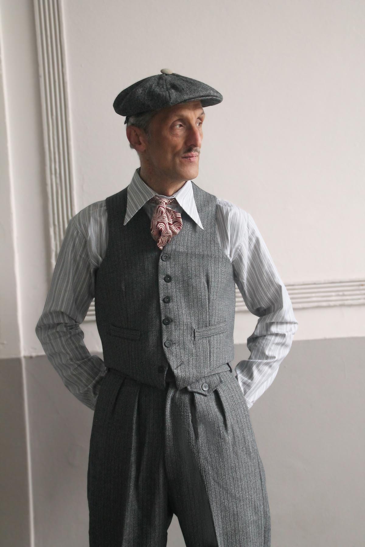 Vintage style high waistcoat in grey and black striped wool