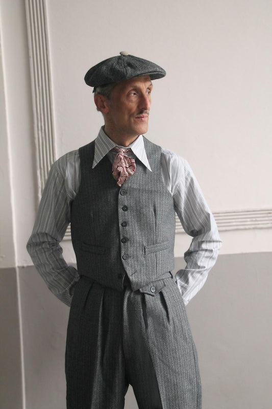 Vintage style high waistcoat in grey and black striped wool