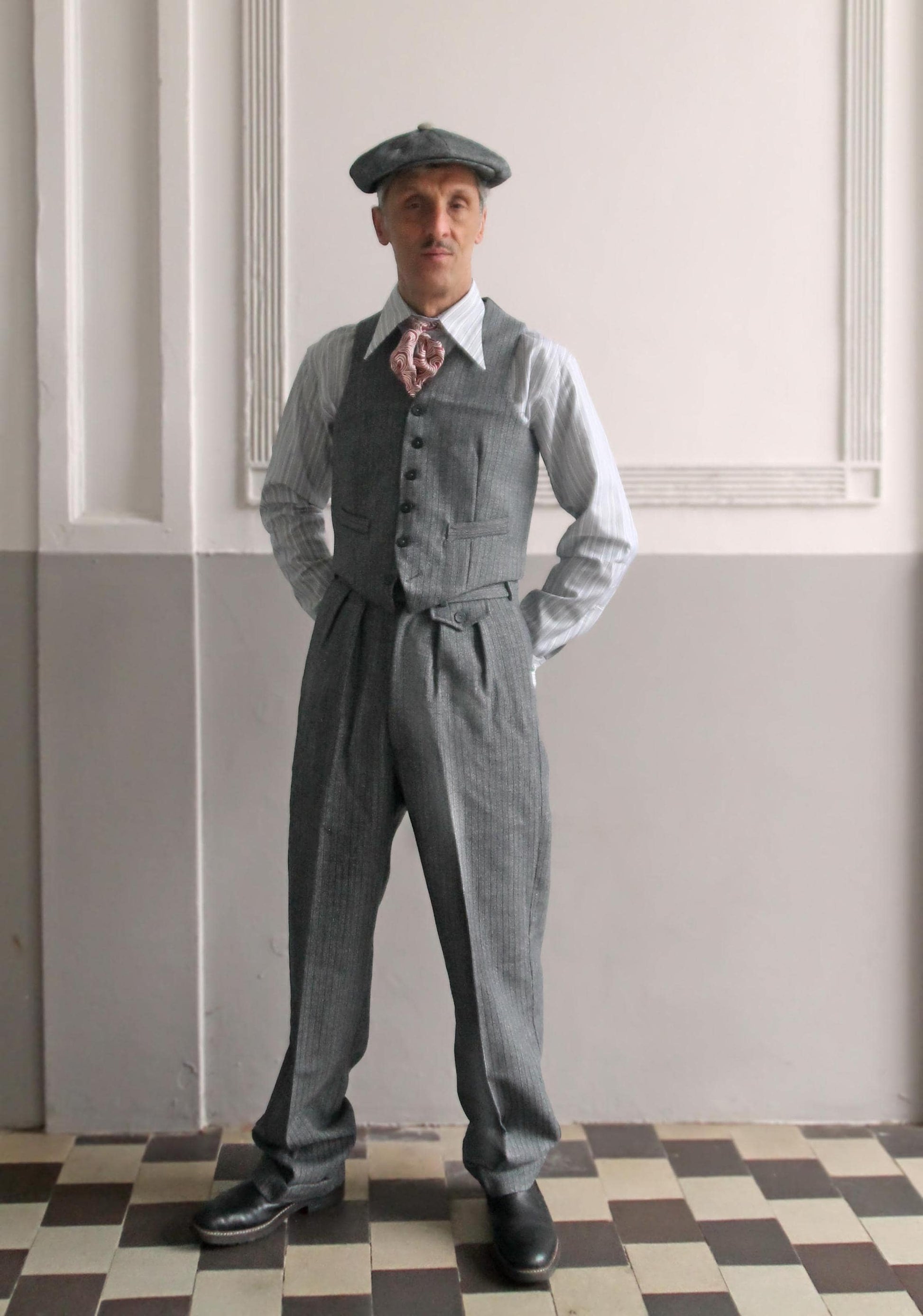 Vintage style high waistcoat in grey and black striped wool